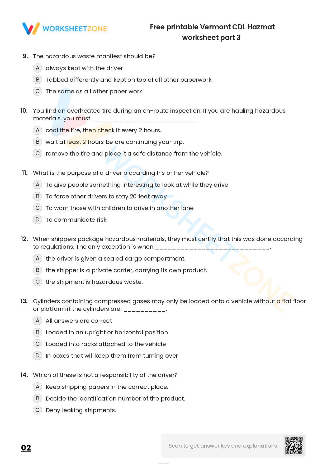 Free printable Vermont CDL Hazmat practice test | Worksheet Zone