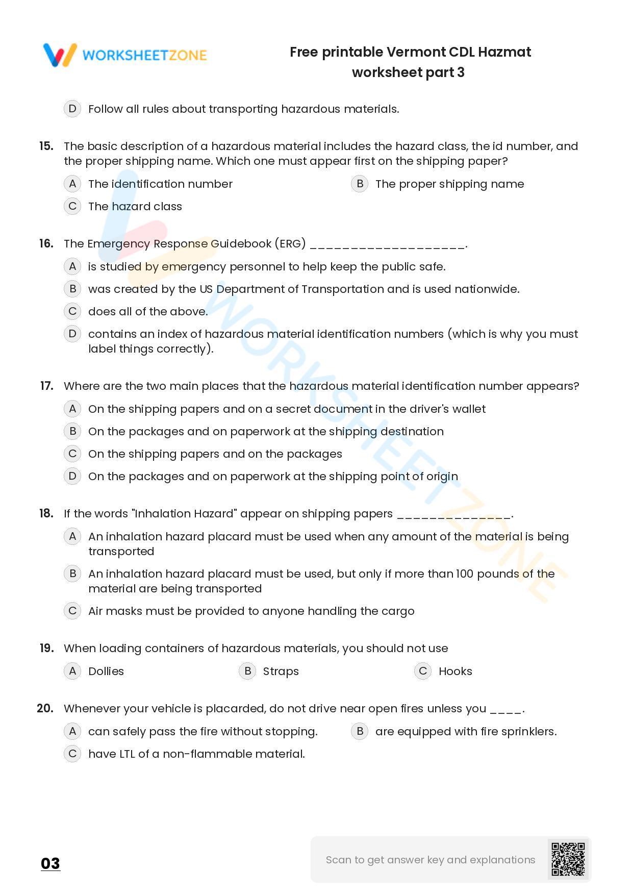 Free printable Vermont CDL Hazmat practice test | Worksheet Zone