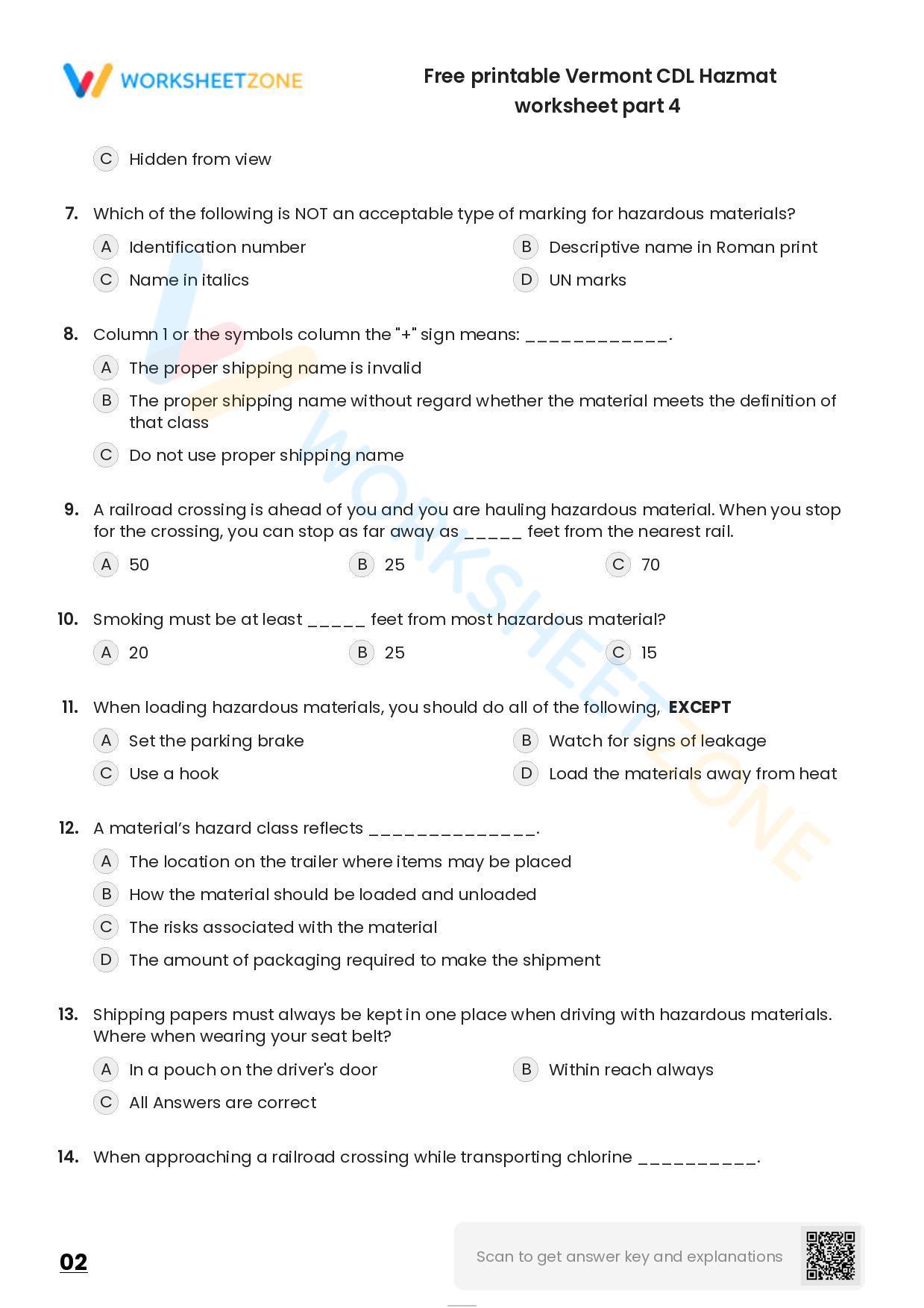 Free printable Vermont CDL Hazmat practice test | Worksheet Zone