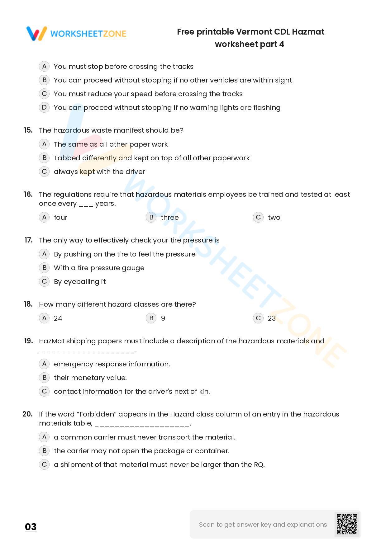 Free printable Vermont CDL Hazmat practice test | Worksheet Zone