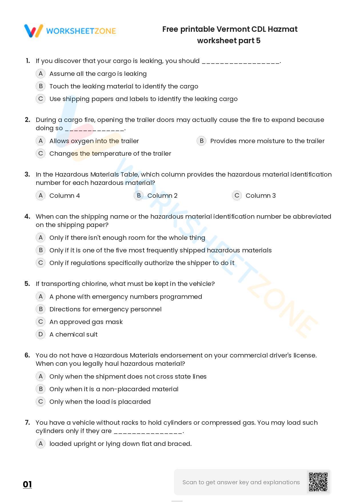 Free printable Vermont CDL Hazmat practice test | Worksheet Zone