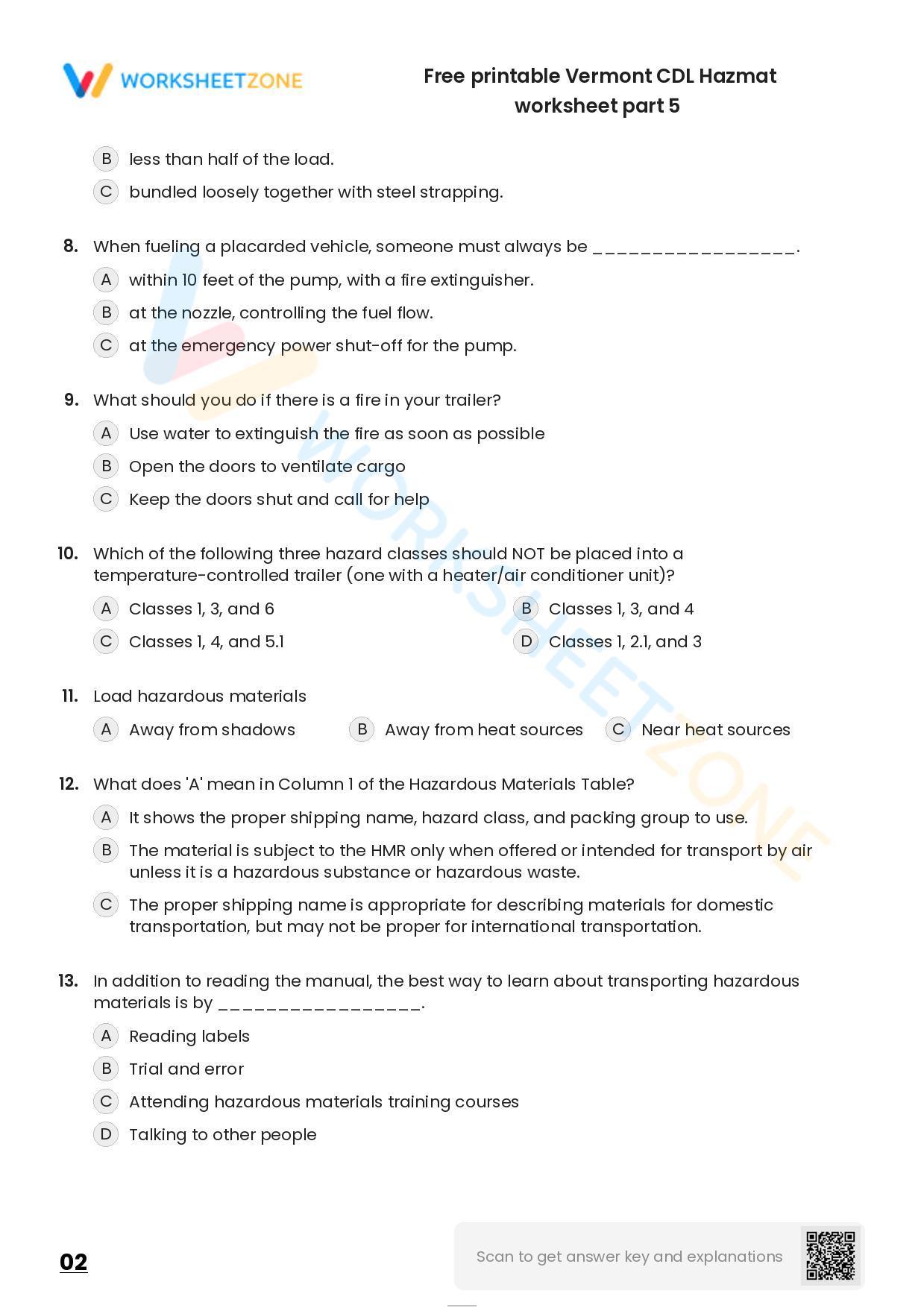 Free printable Vermont CDL Hazmat practice test | Worksheet Zone