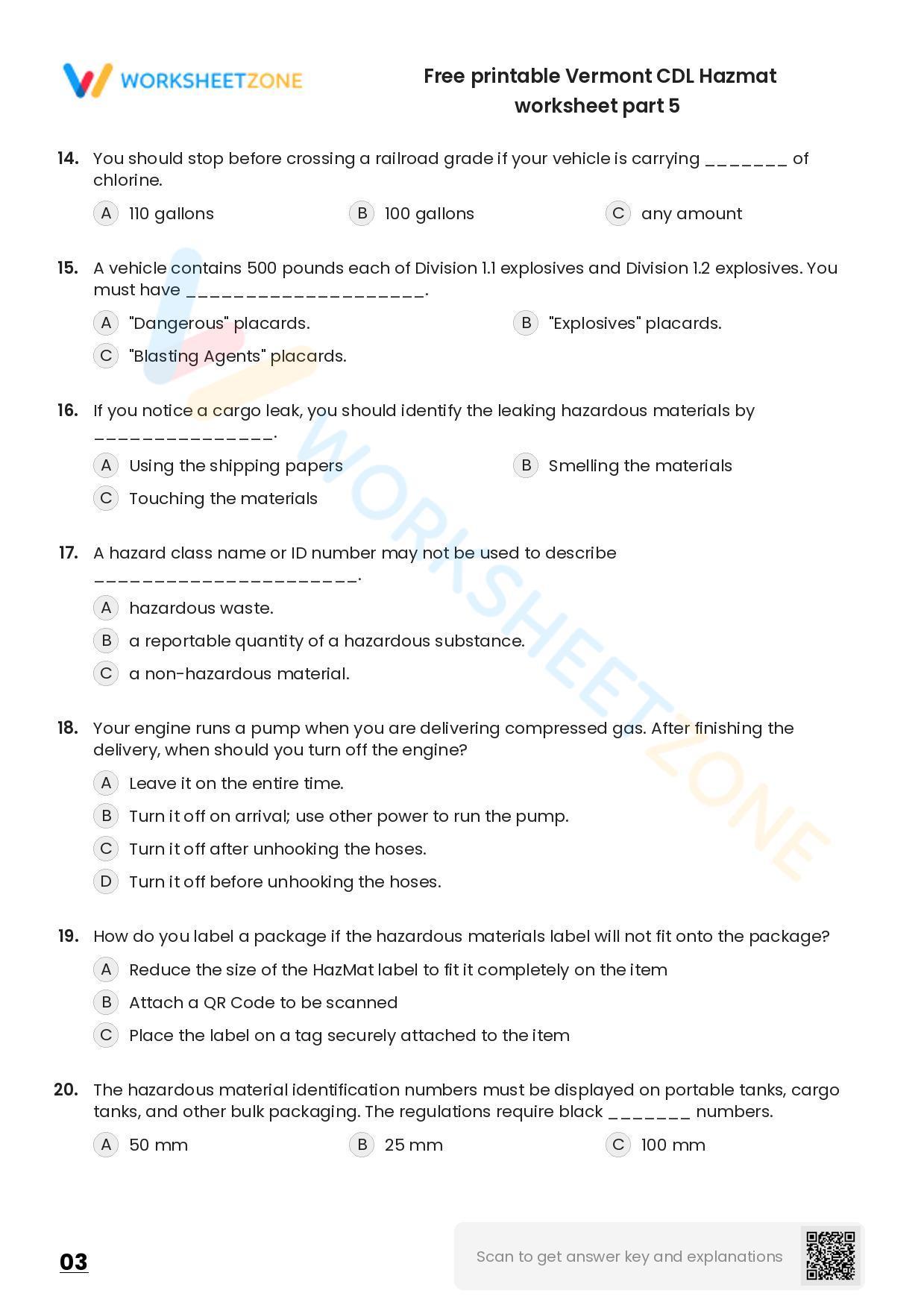 Free printable Vermont CDL Hazmat practice test | Worksheet Zone