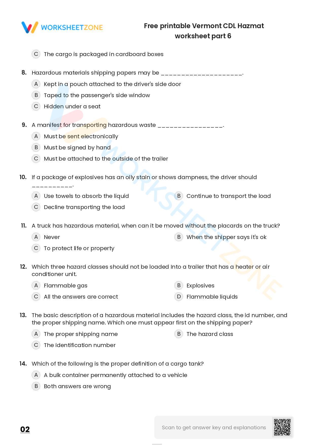 Free printable Vermont CDL Hazmat practice test | Worksheet Zone