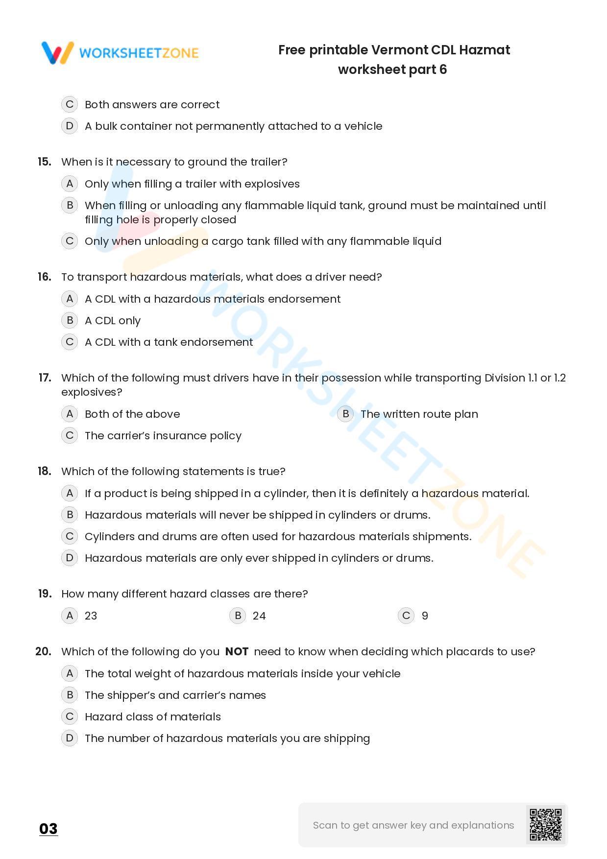 Free printable Vermont CDL Hazmat practice test | Worksheet Zone