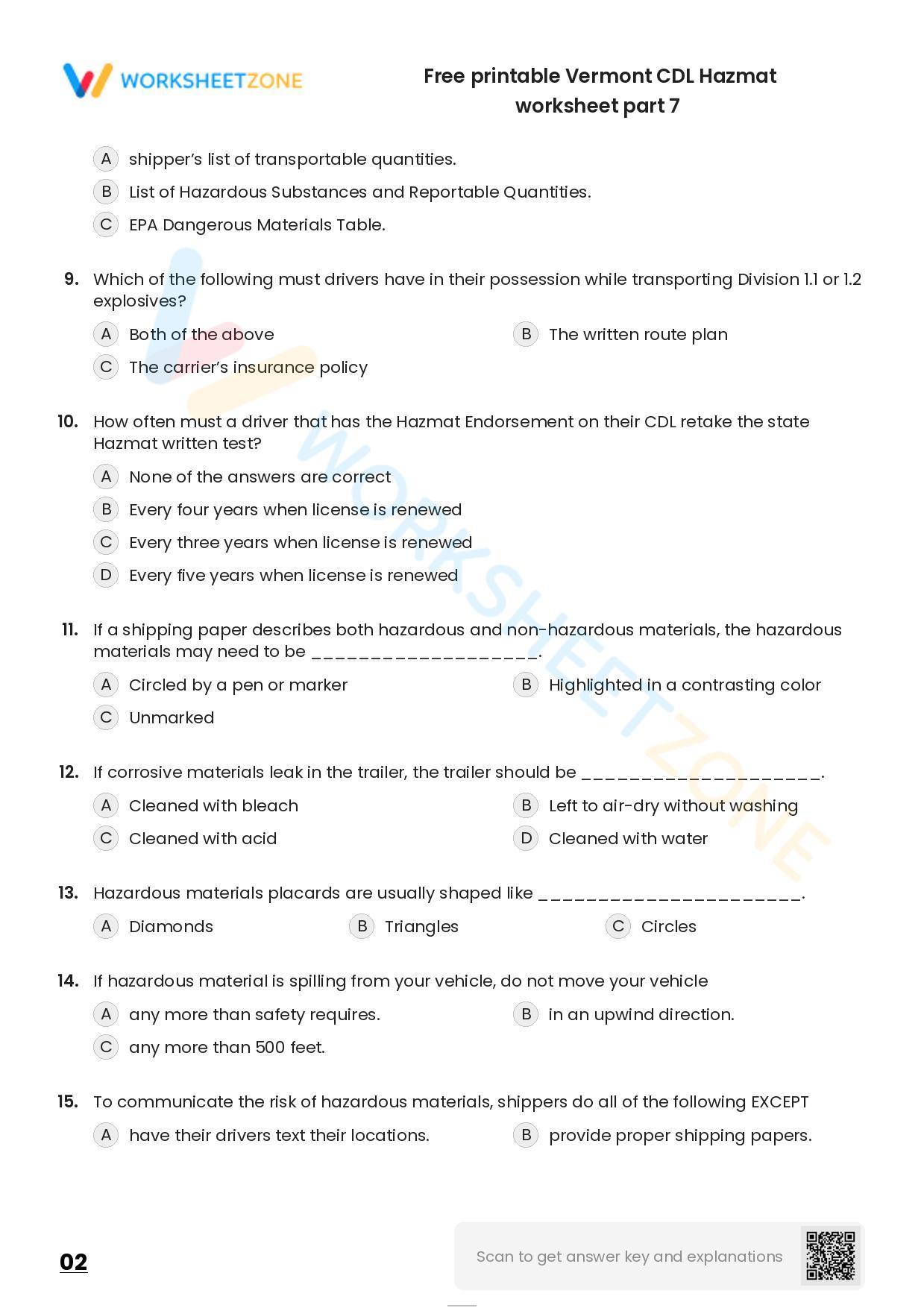 Free printable Vermont CDL Hazmat practice test | Worksheet Zone