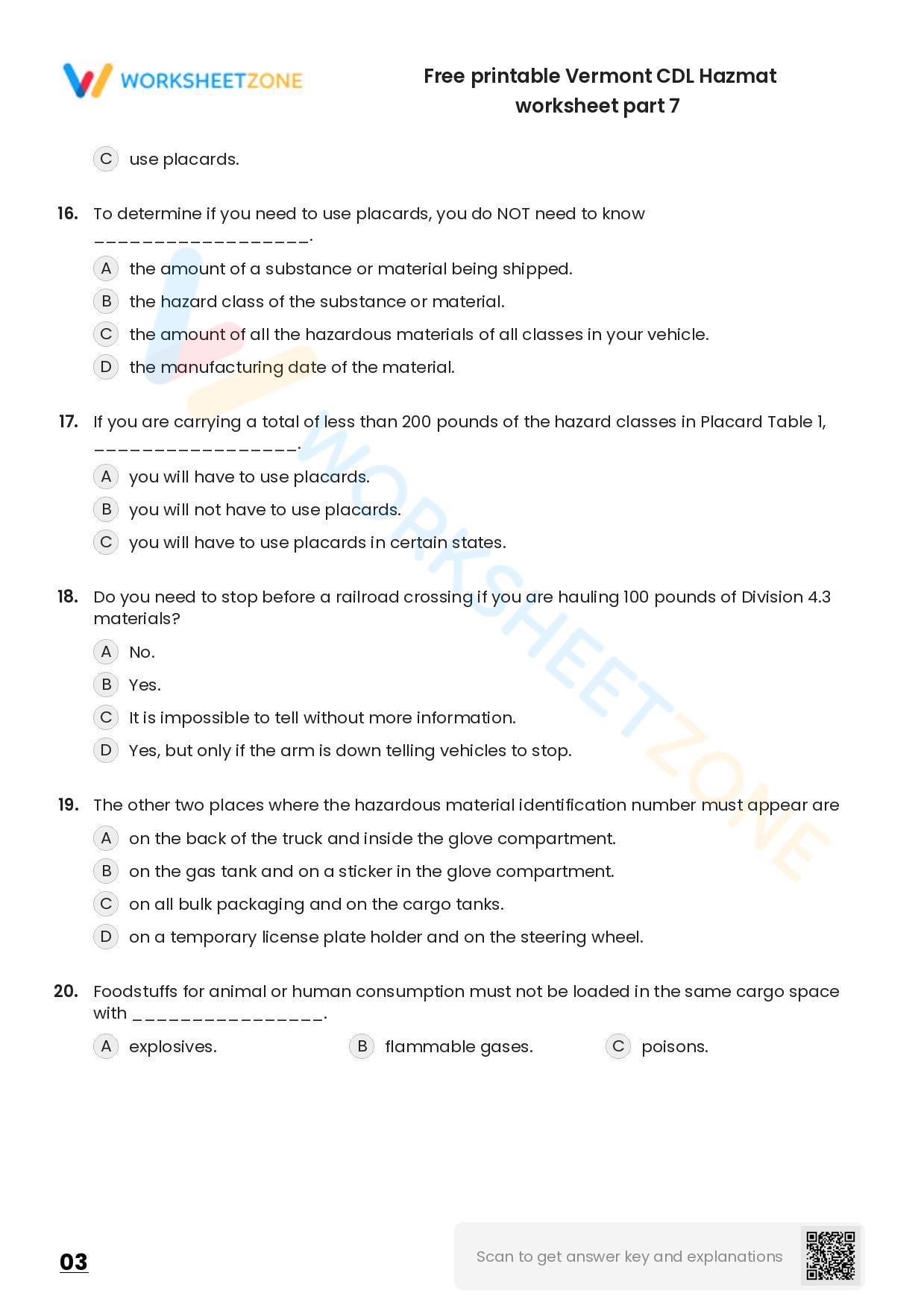 Free printable Vermont CDL Hazmat practice test | Worksheet Zone