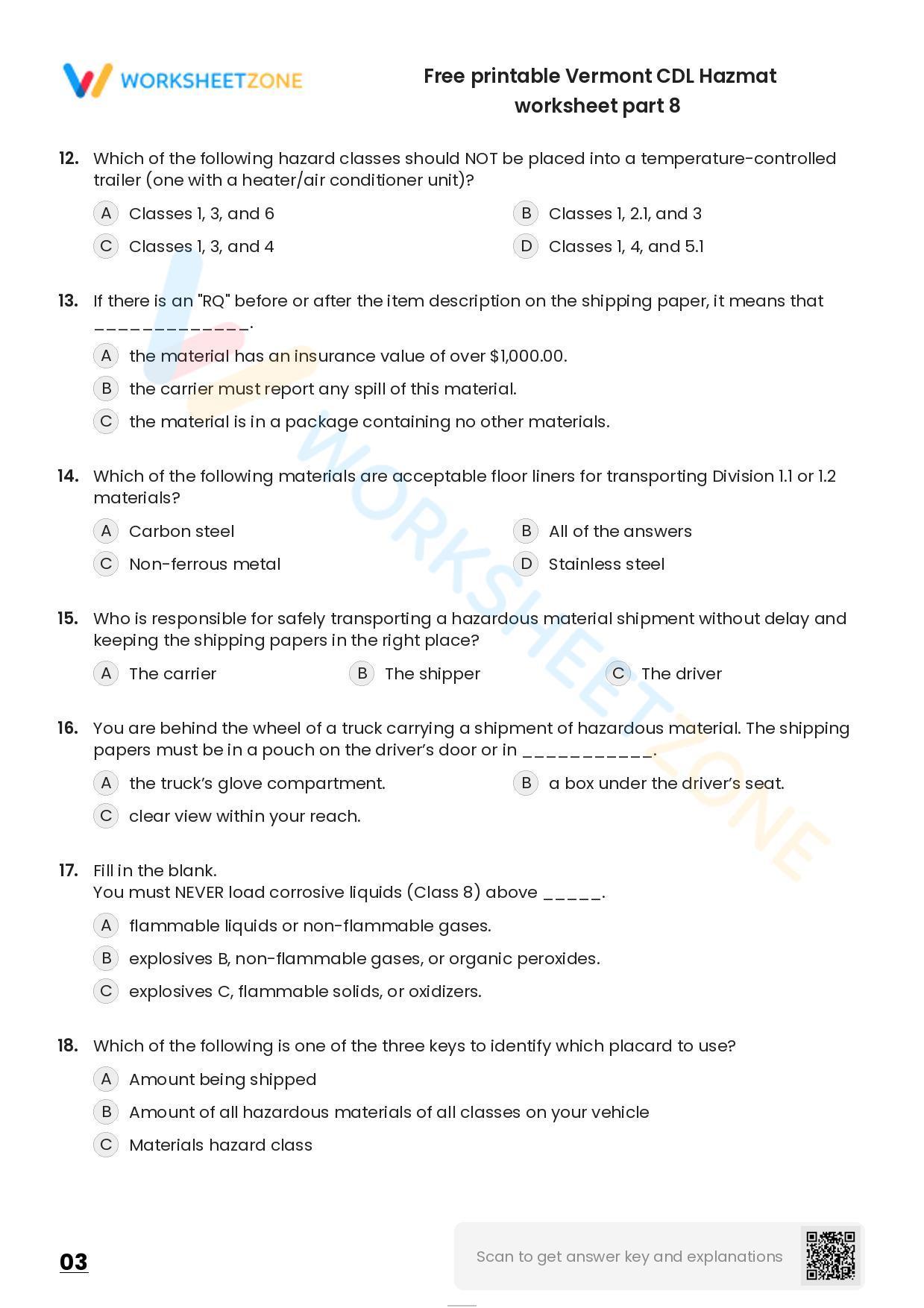 Free printable Vermont CDL Hazmat practice test | Worksheet Zone