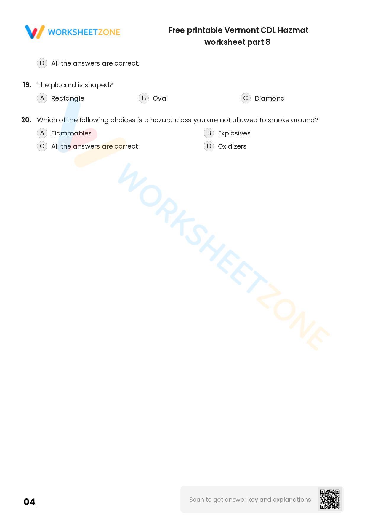 Free printable Vermont CDL Hazmat practice test | Worksheet Zone