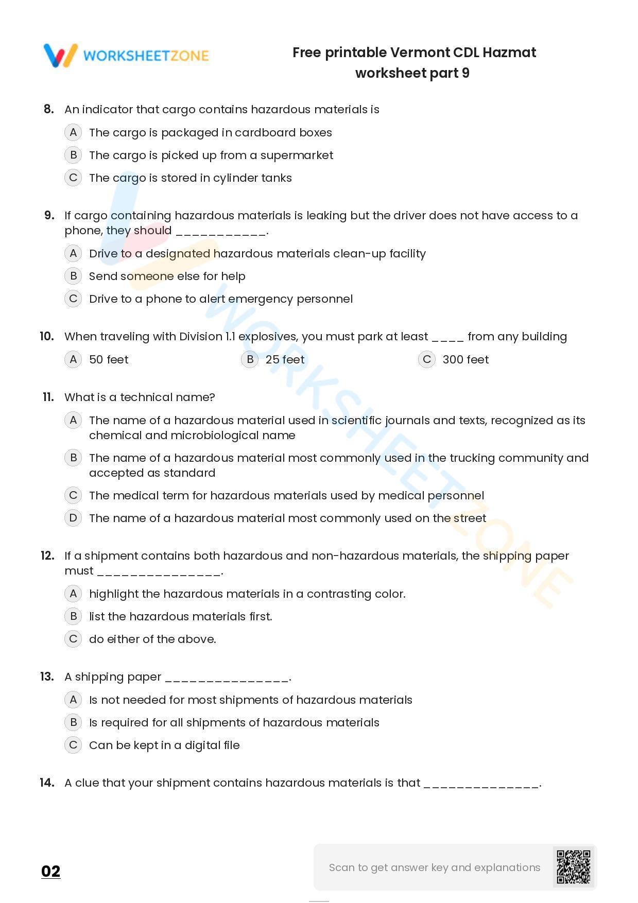 Free printable Vermont CDL Hazmat practice test | Worksheet Zone