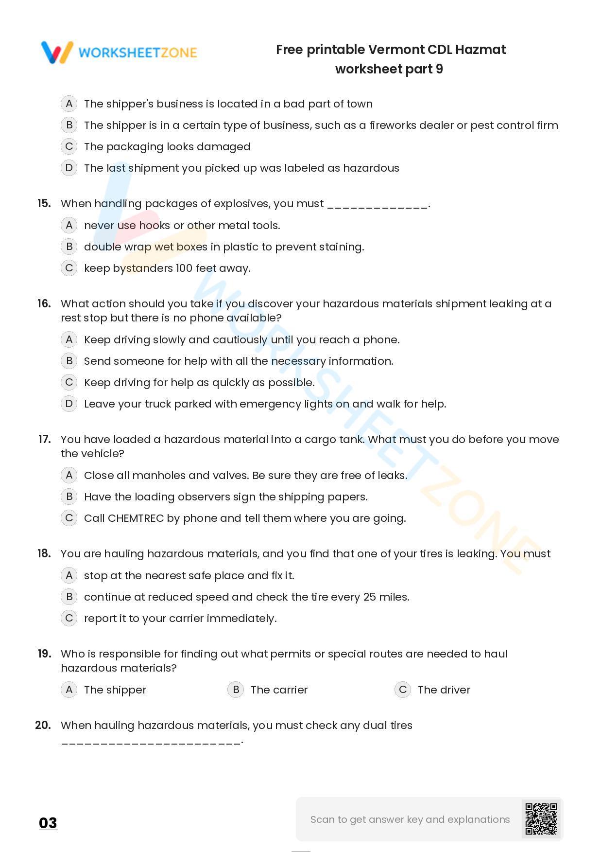 Free printable Vermont CDL Hazmat practice test | Worksheet Zone