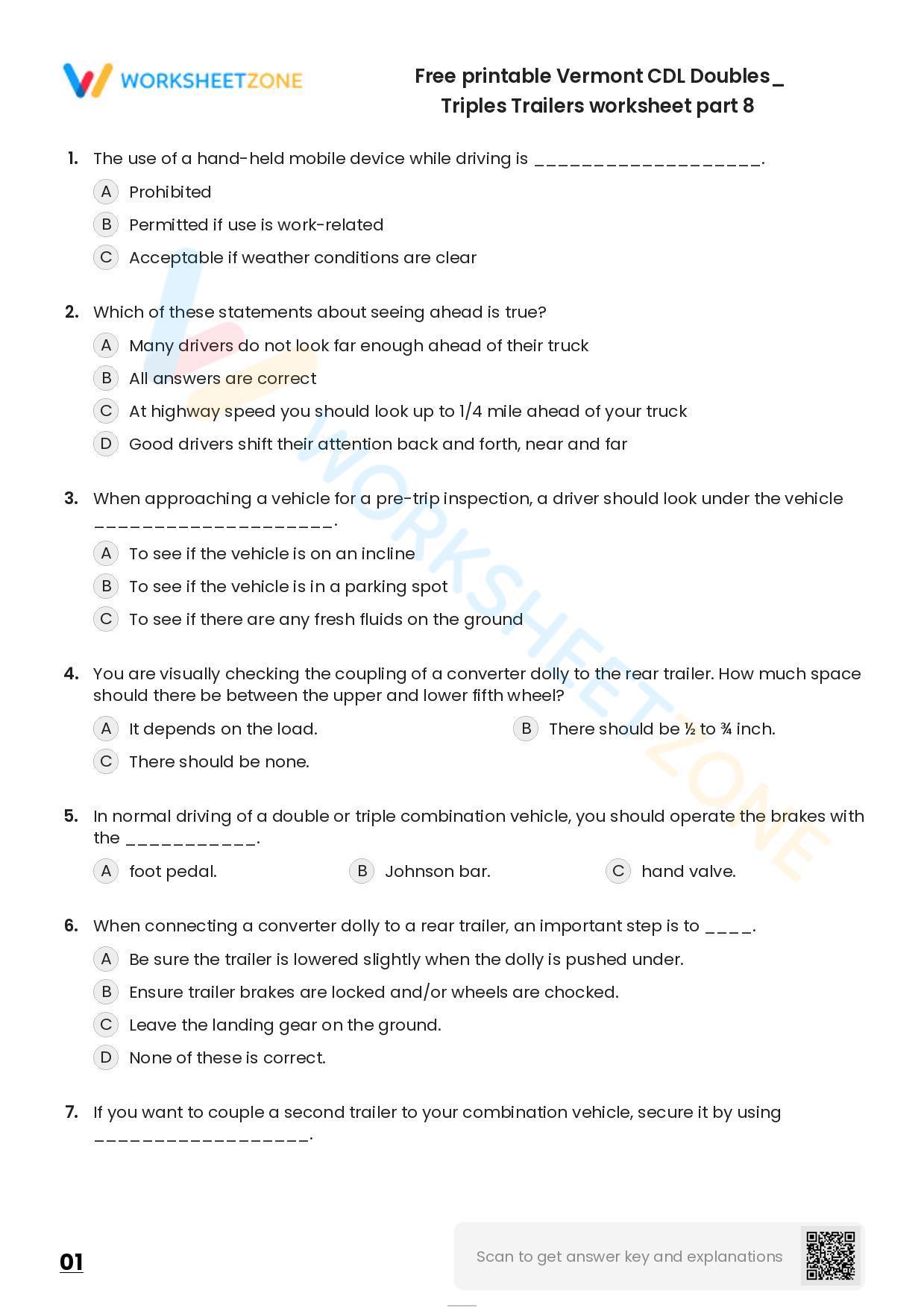 Free Printable Vermont CDL Doubles/ Triples Trailers Worksheet Part 8