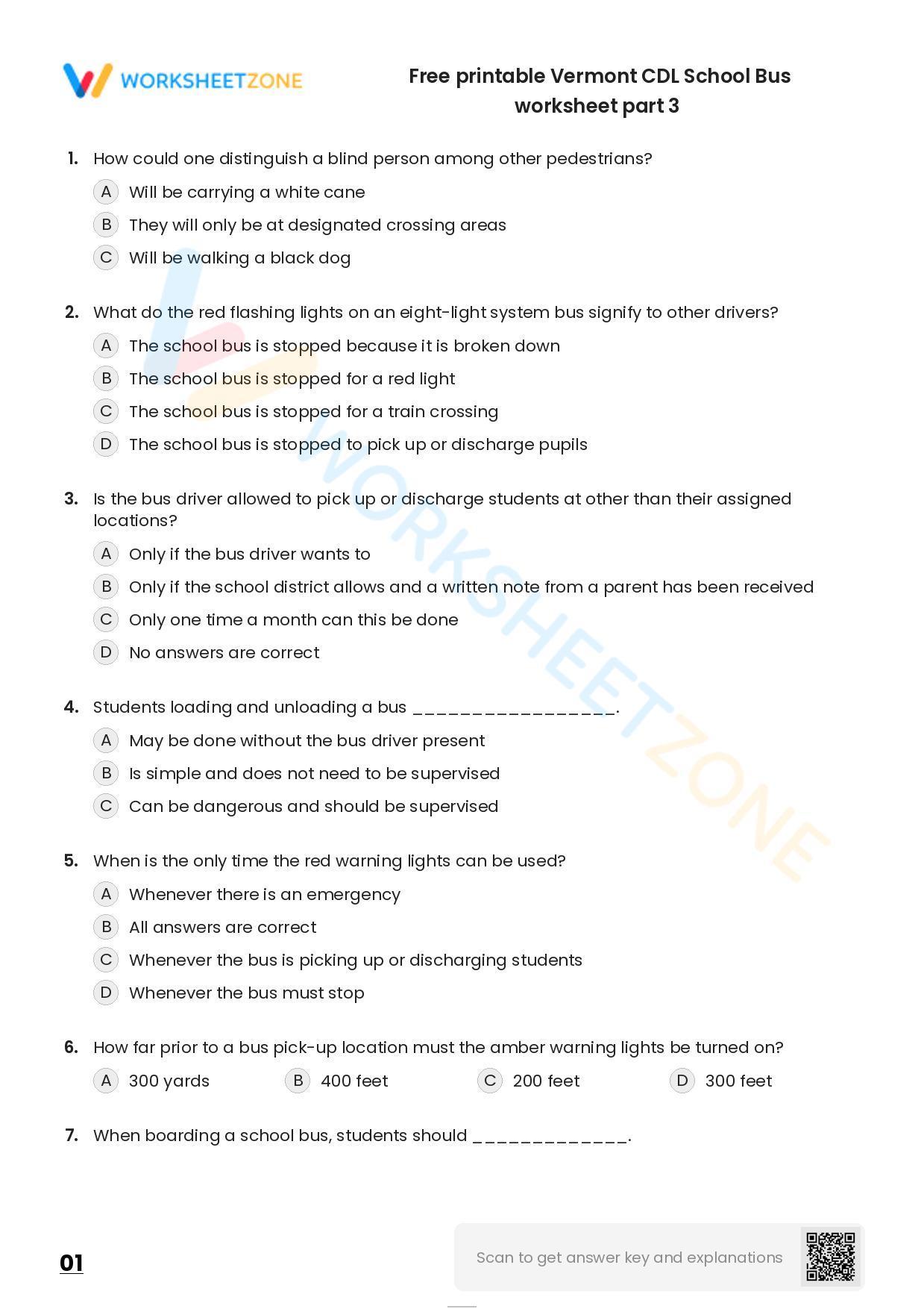 Free Printable Vermont CDL School Bus Worksheet Part 3