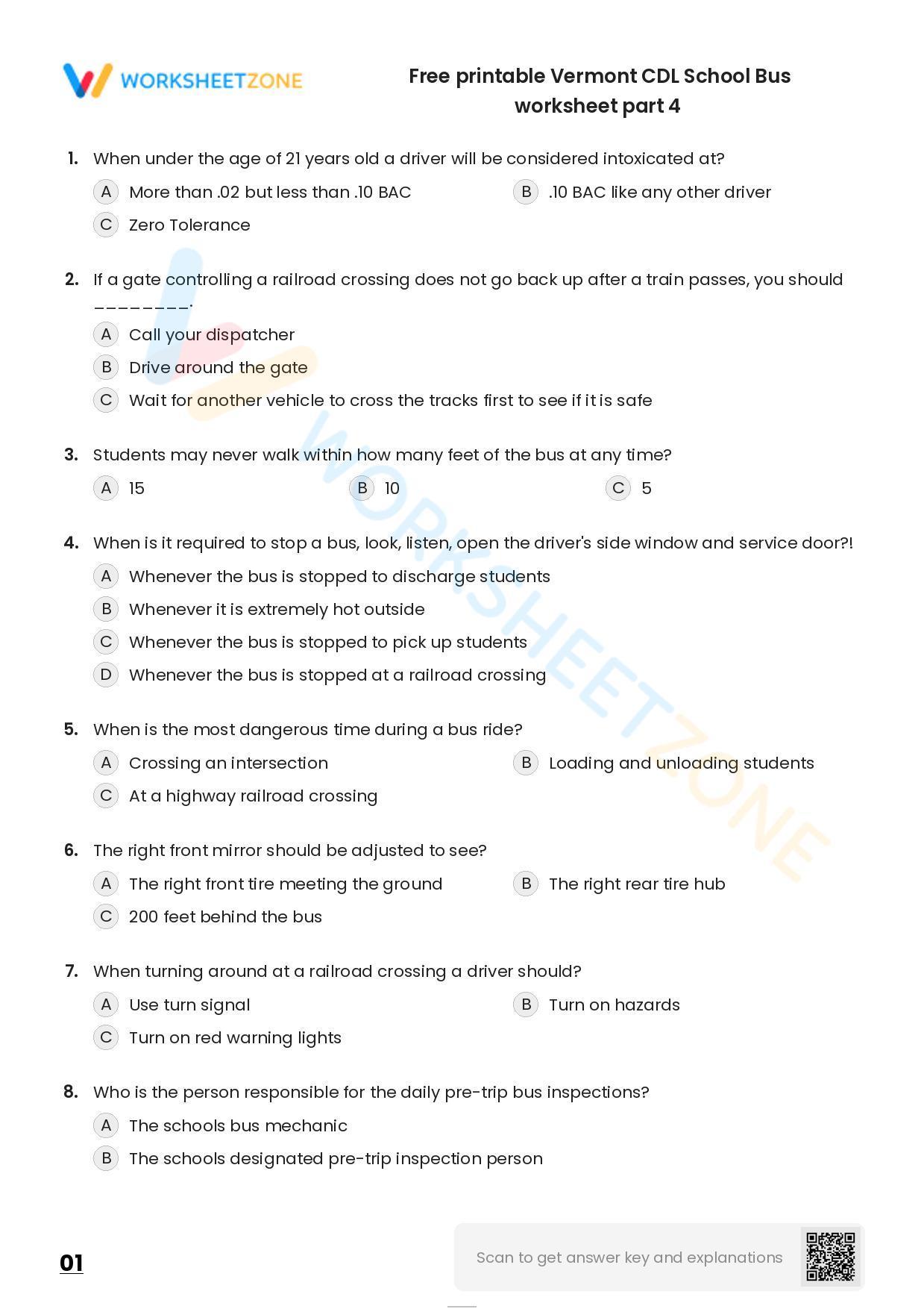 Free Printable Vermont CDL School Bus Worksheet Part 4