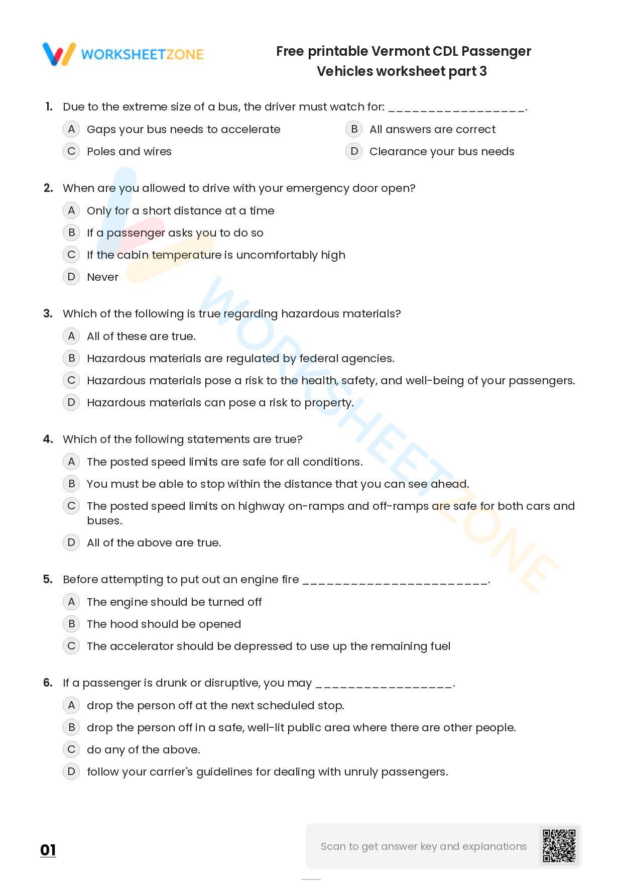 Free Printable Vermont CDL Passenger Vehicles Worksheet Part 3