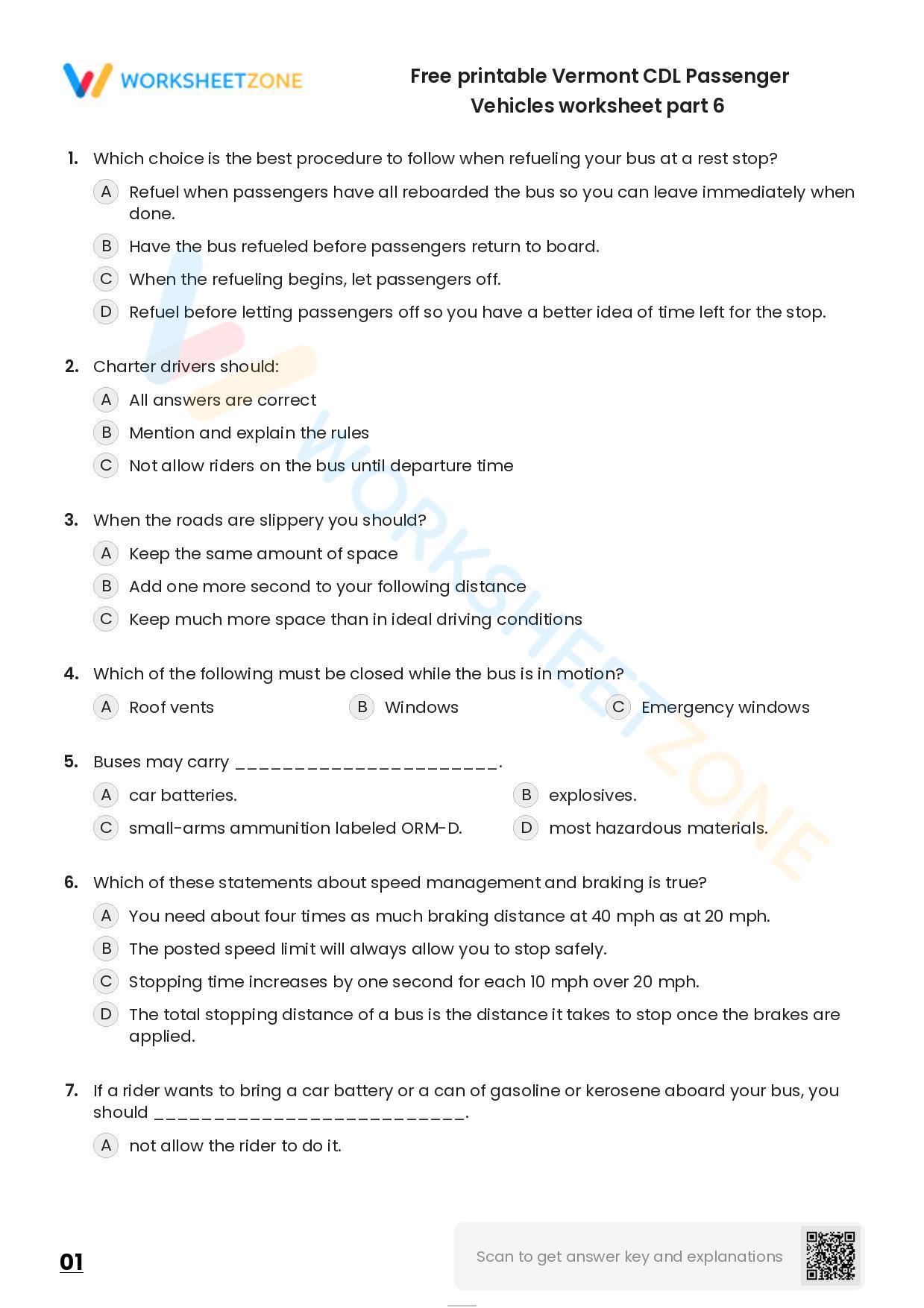 Free Printable Vermont CDL Passenger Vehicles Worksheet Part 6