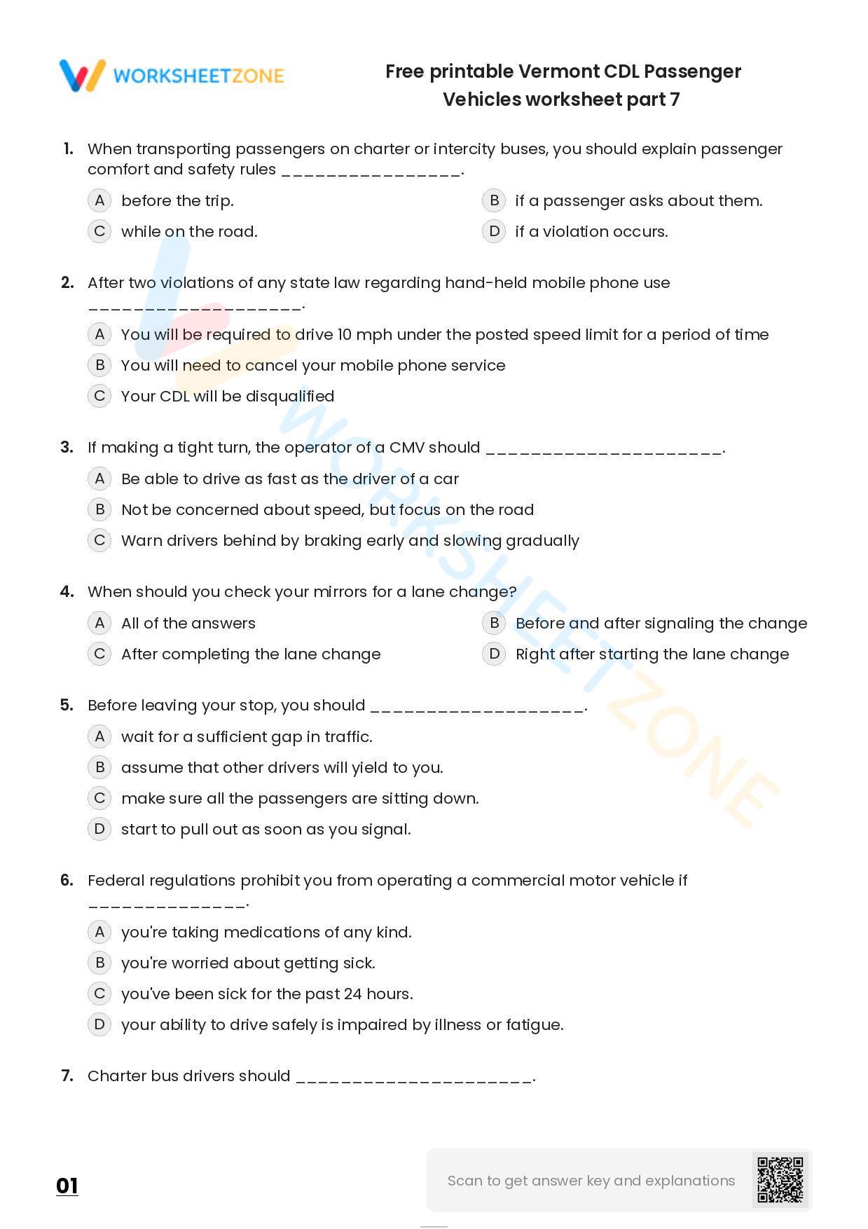 Free Printable Vermont CDL Passenger Vehicles Worksheet Part 7