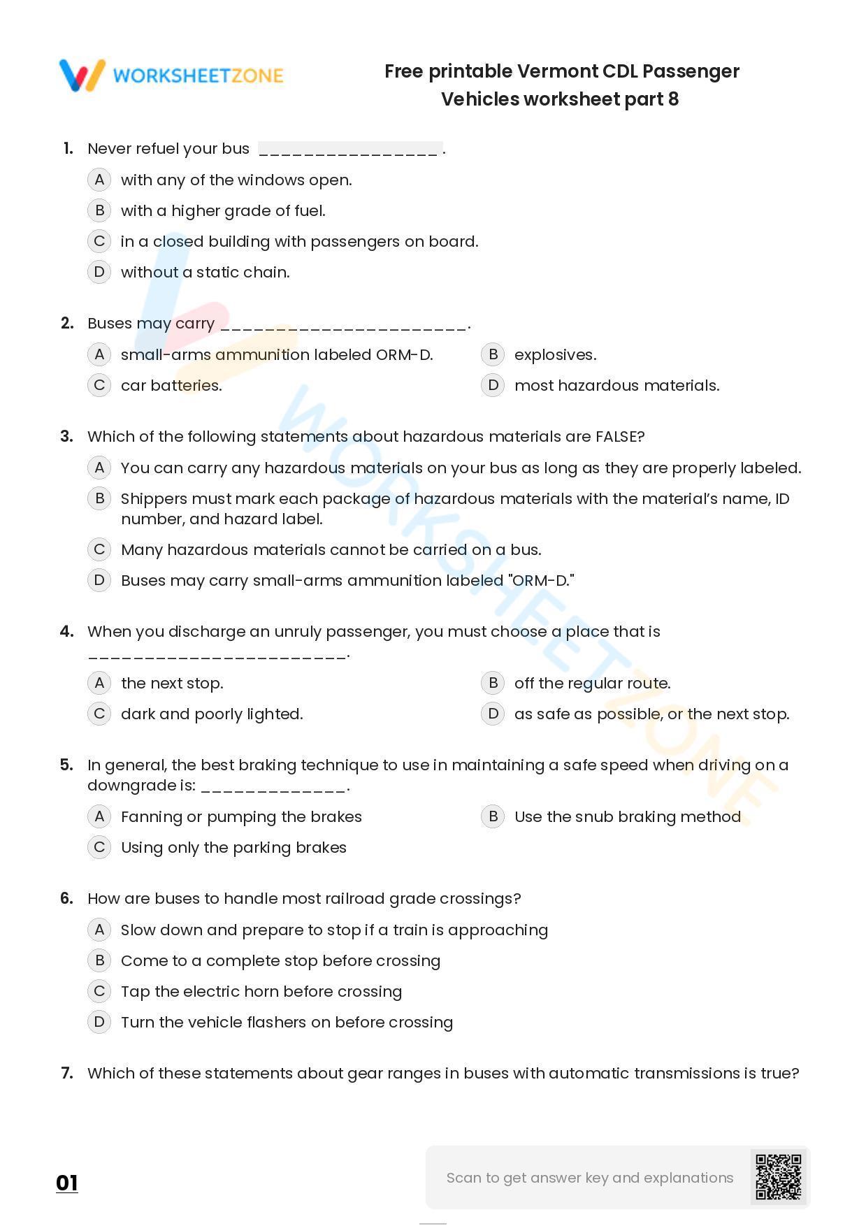 Free Printable Vermont CDL Passenger Vehicles Worksheet Part 8