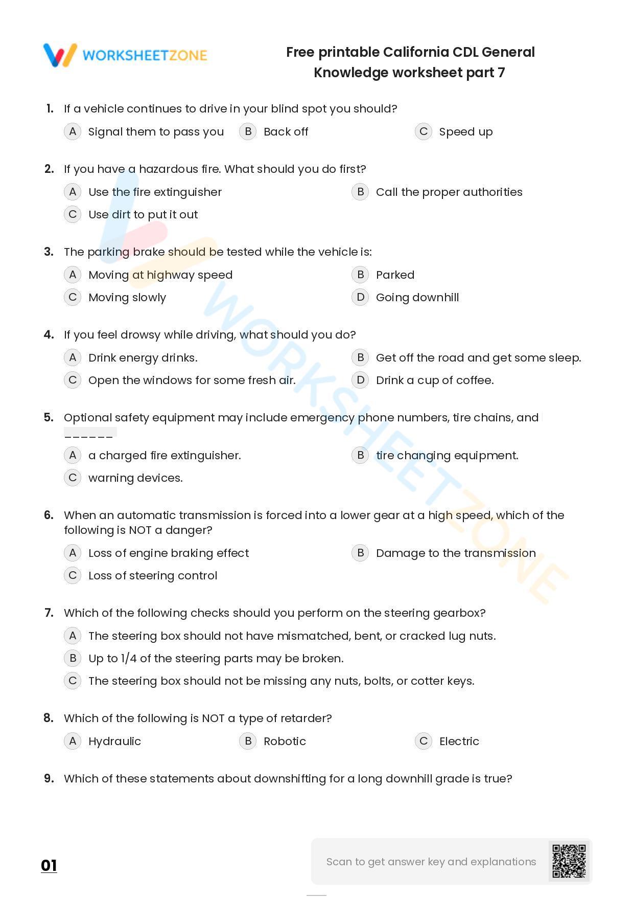 Free Printable California CDL General Knowledge Worksheet Part 7