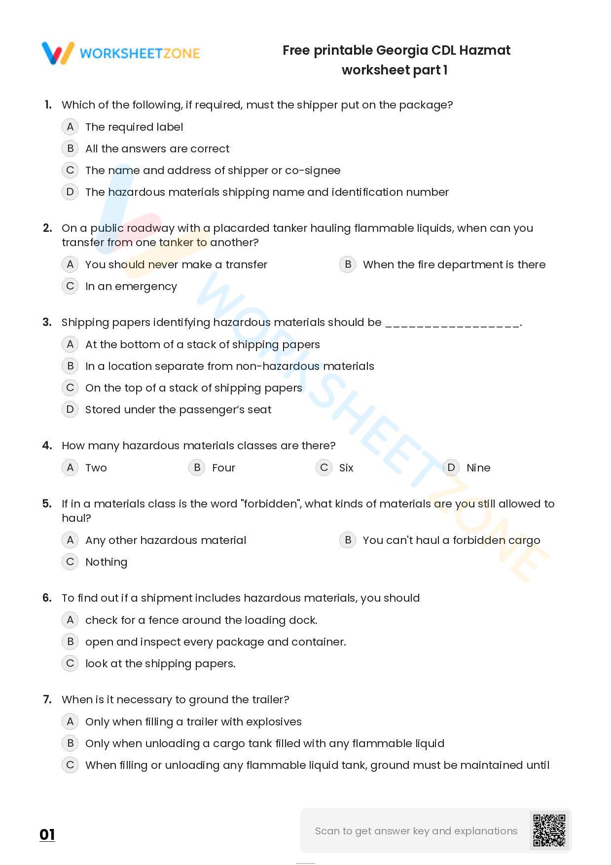 Free printable CDL Hazmat practice test Worksheet Zone Free printable CDL Hazmat practice test Worksheet Zone