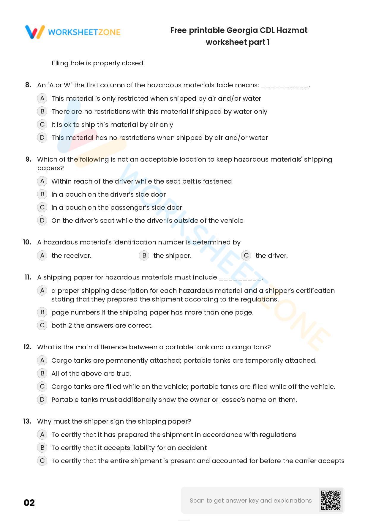 Free printable CDL Hazmat practice test Worksheet Zone Free printable CDL Hazmat practice test Worksheet Zone