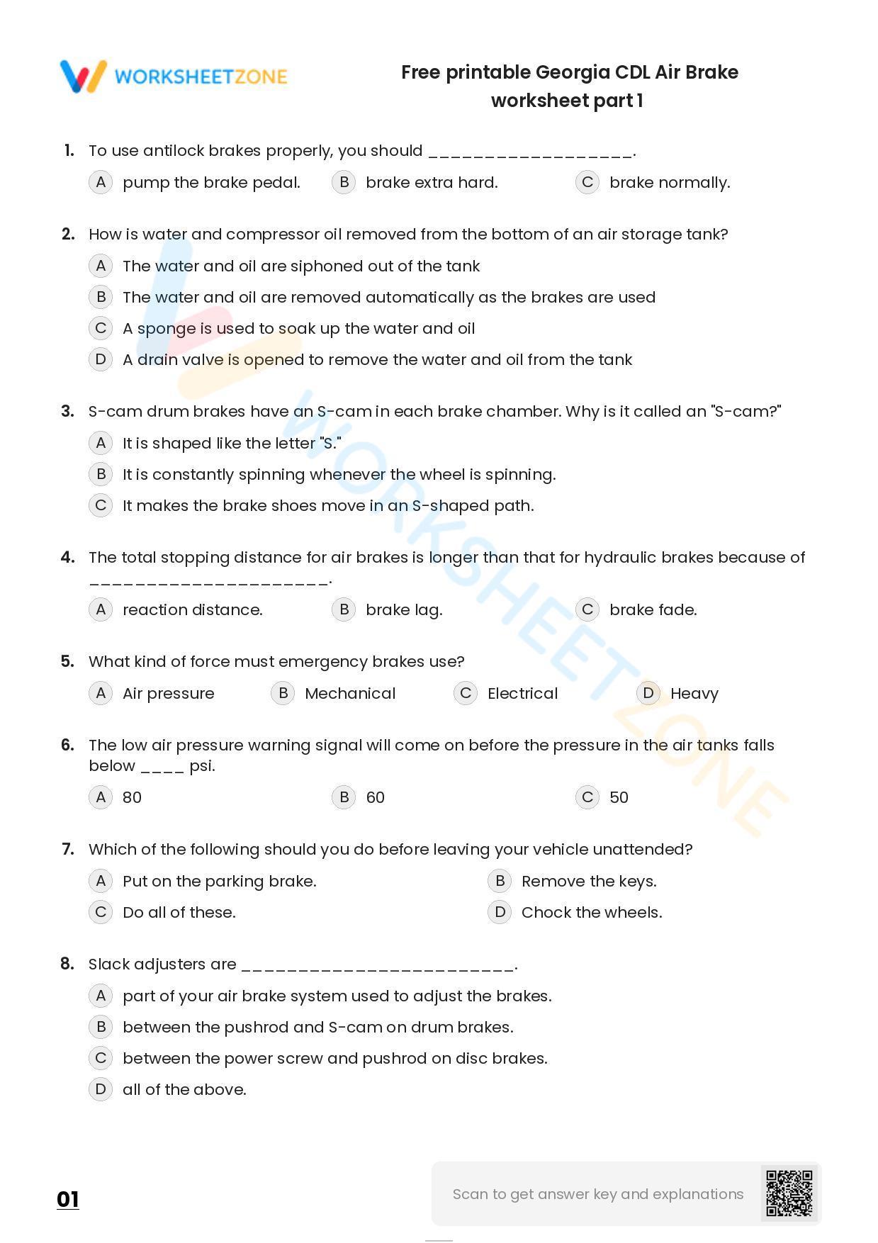 Free printable CDL Air Brake practice test Worksheet Zone