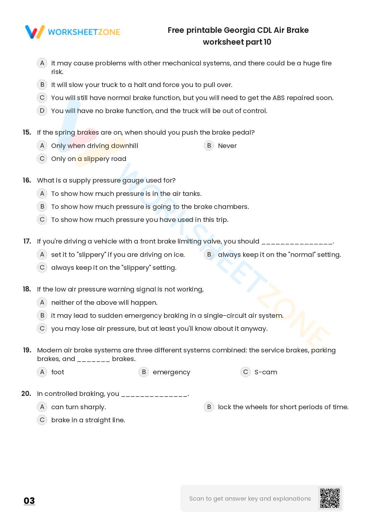 Free printable CDL Air Brake practice test Worksheet Zone