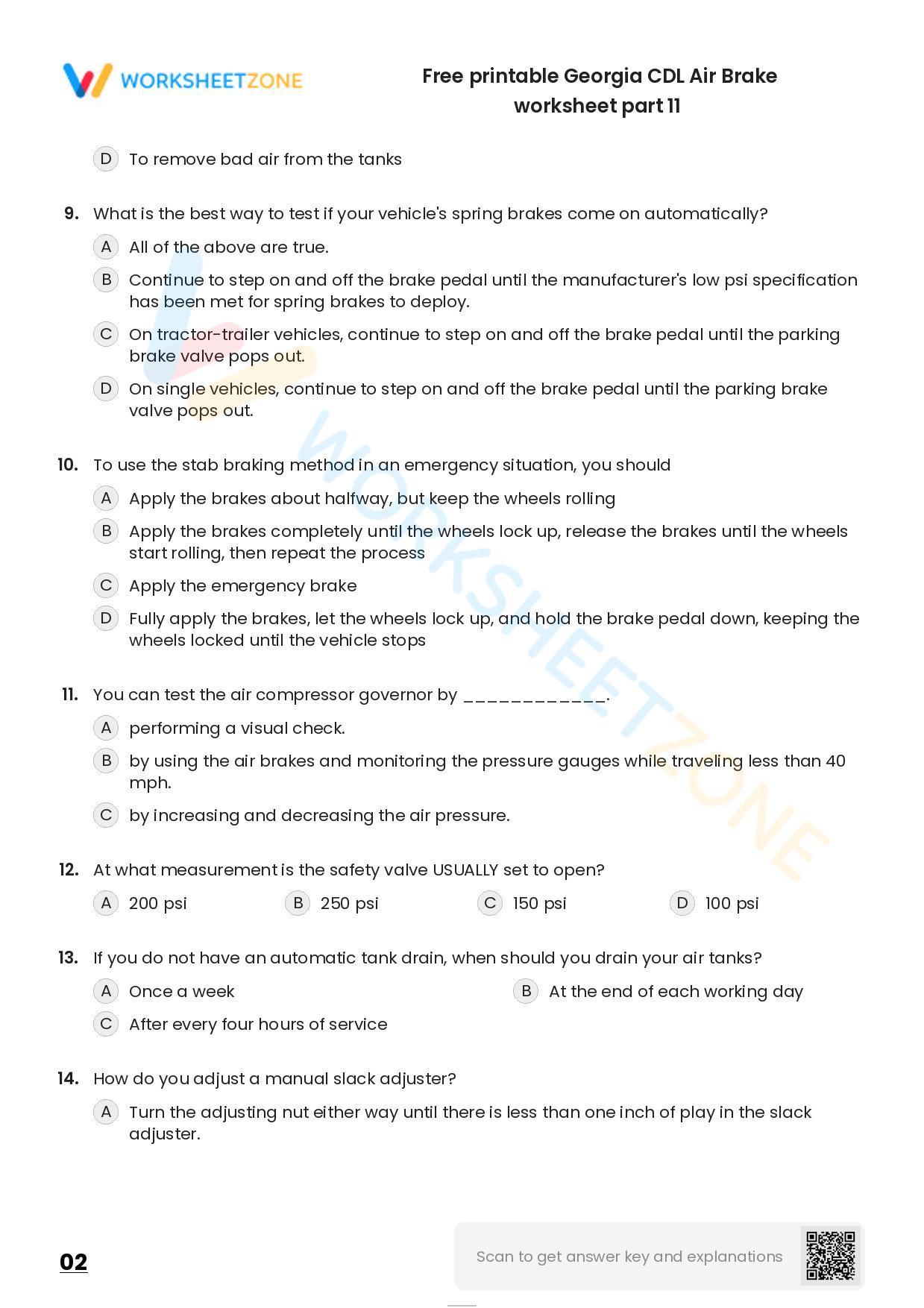 Free printable CDL Air Brake practice test Worksheet Zone