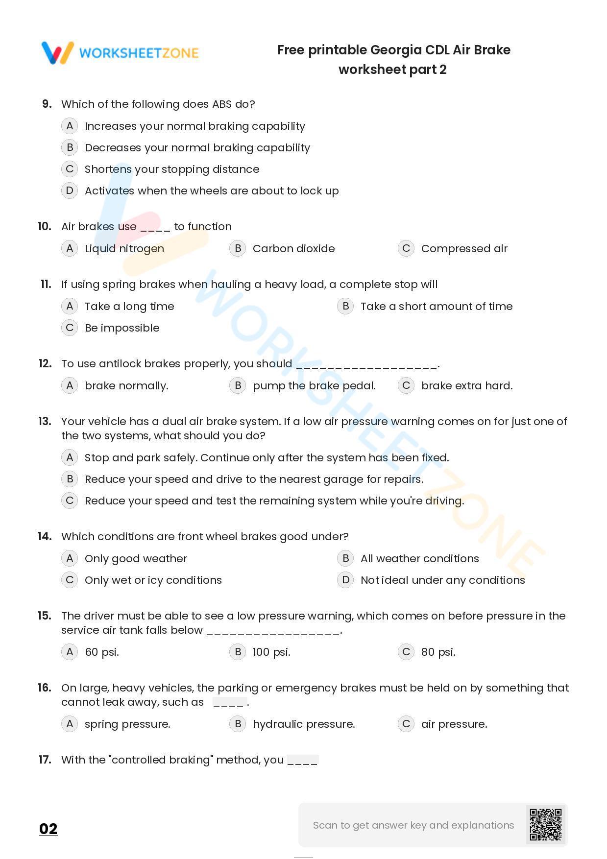 Free printable CDL Air Brake practice test Worksheet Zone