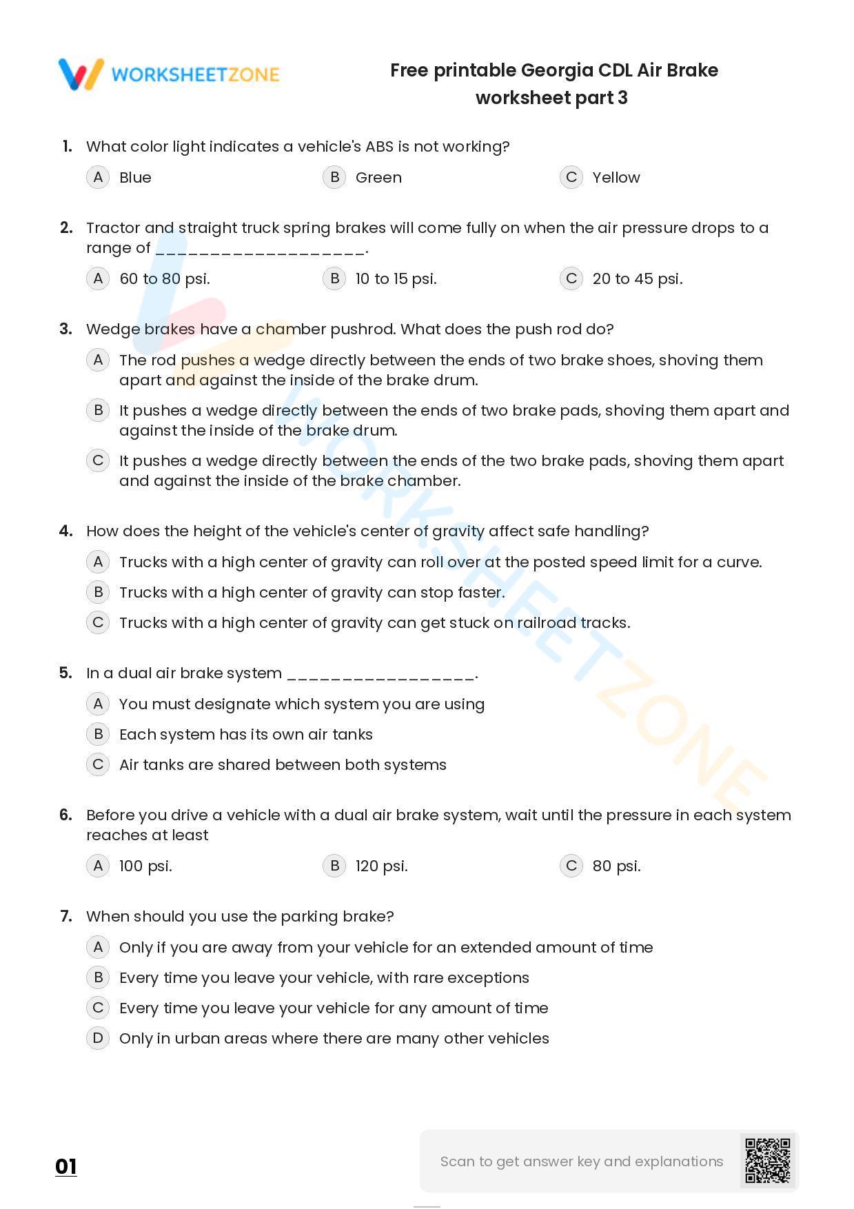 Free Printable CDL Air Brake Worksheet Part 3