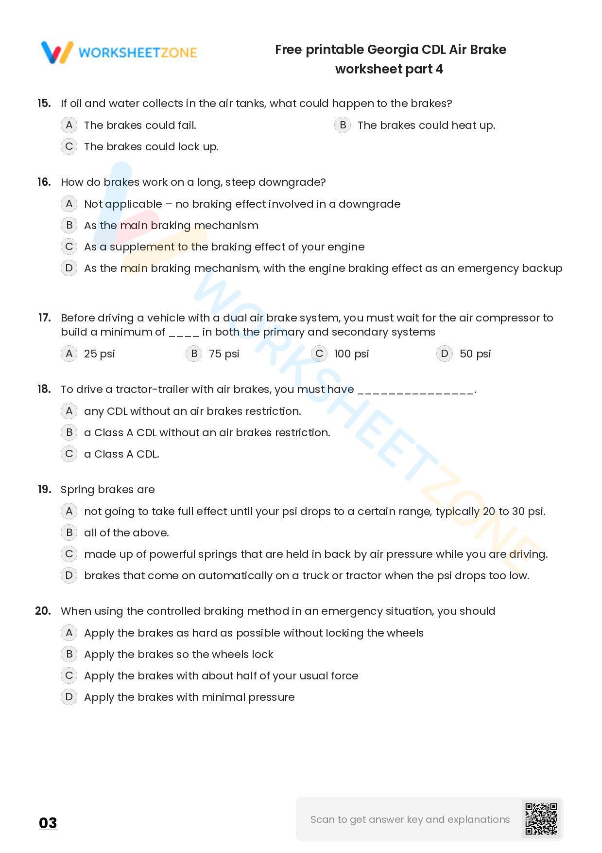 Free printable CDL Air Brake practice test Worksheet Zone