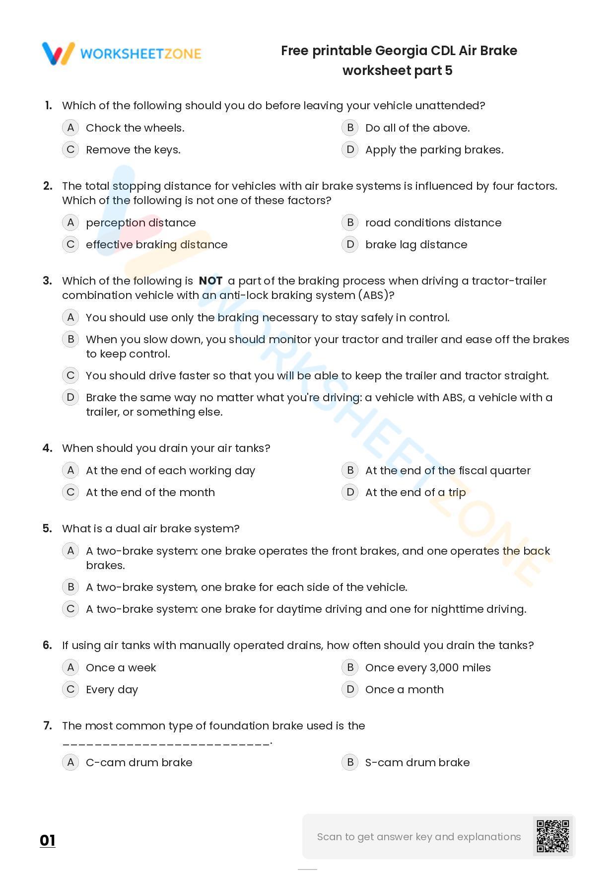 Free Printable CDL Air Brake Worksheet Part 5