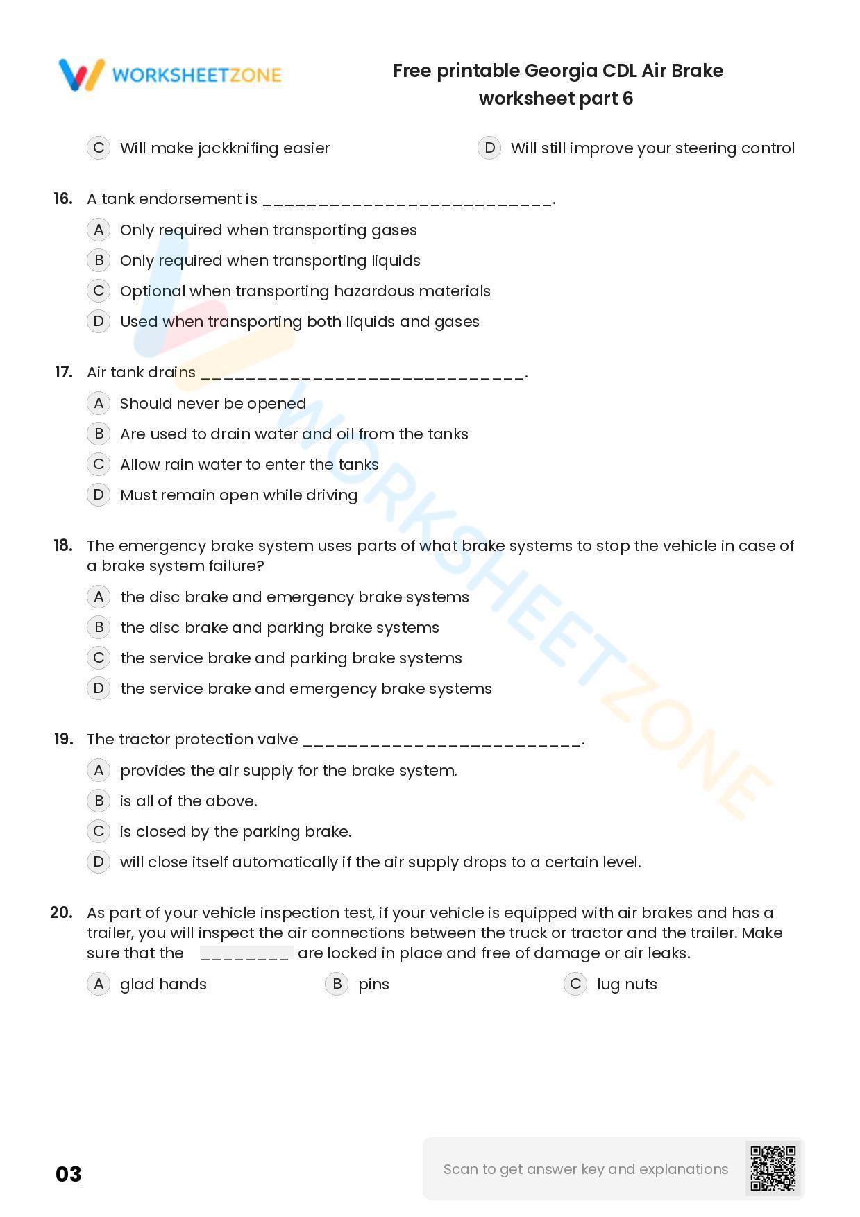 Free printable CDL Air Brake practice test Worksheet Zone