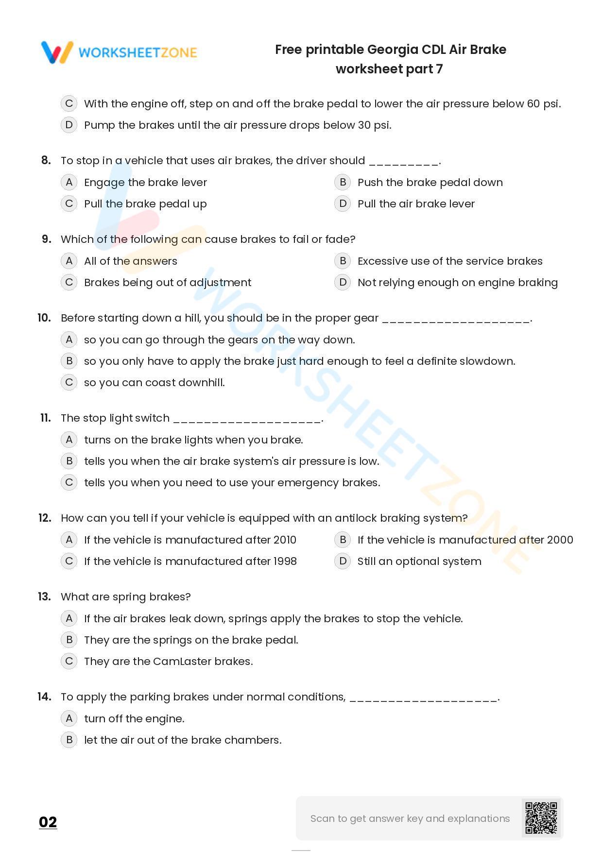 Free printable CDL Air Brake practice test Worksheet Zone