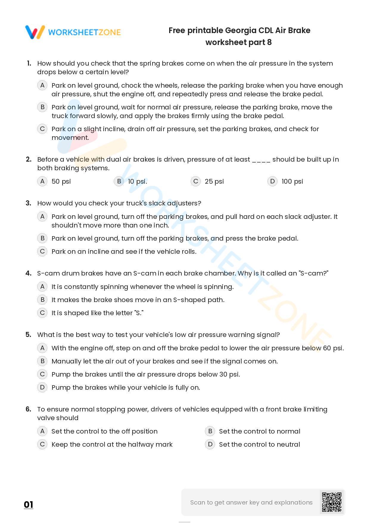 Free Printable CDL Air Brake Worksheet Part 8