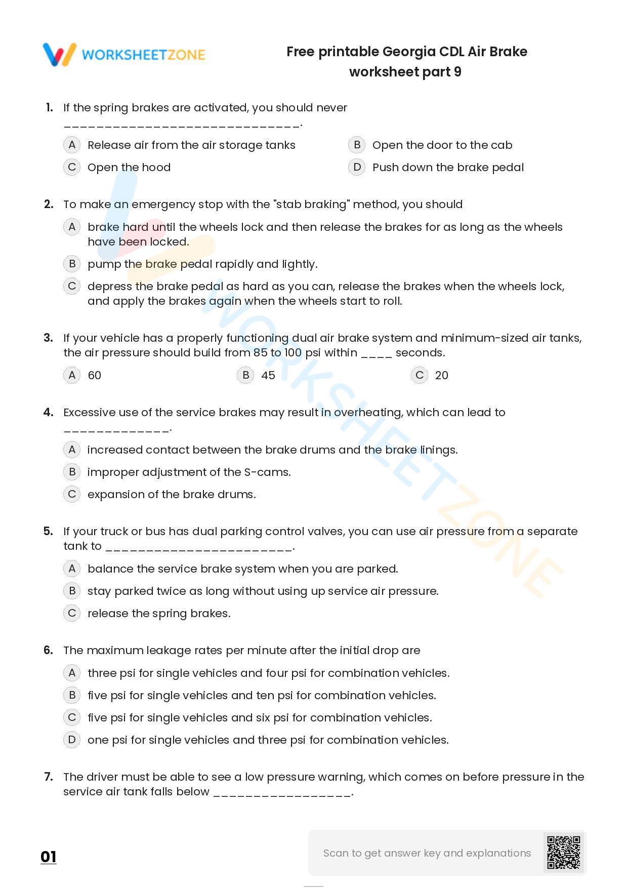 Free printable CDL Air Brake practice test Worksheet Zone