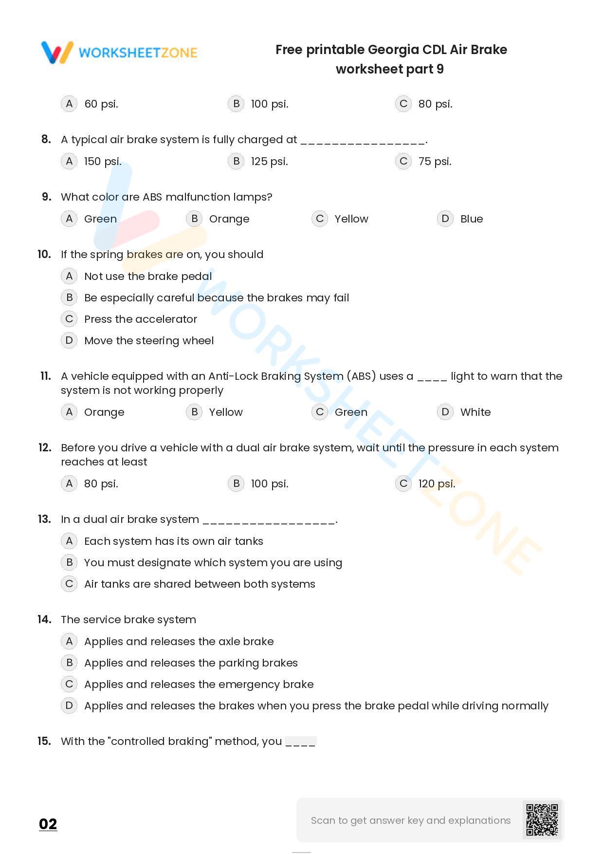 Free printable CDL Air Brake practice test Worksheet Zone