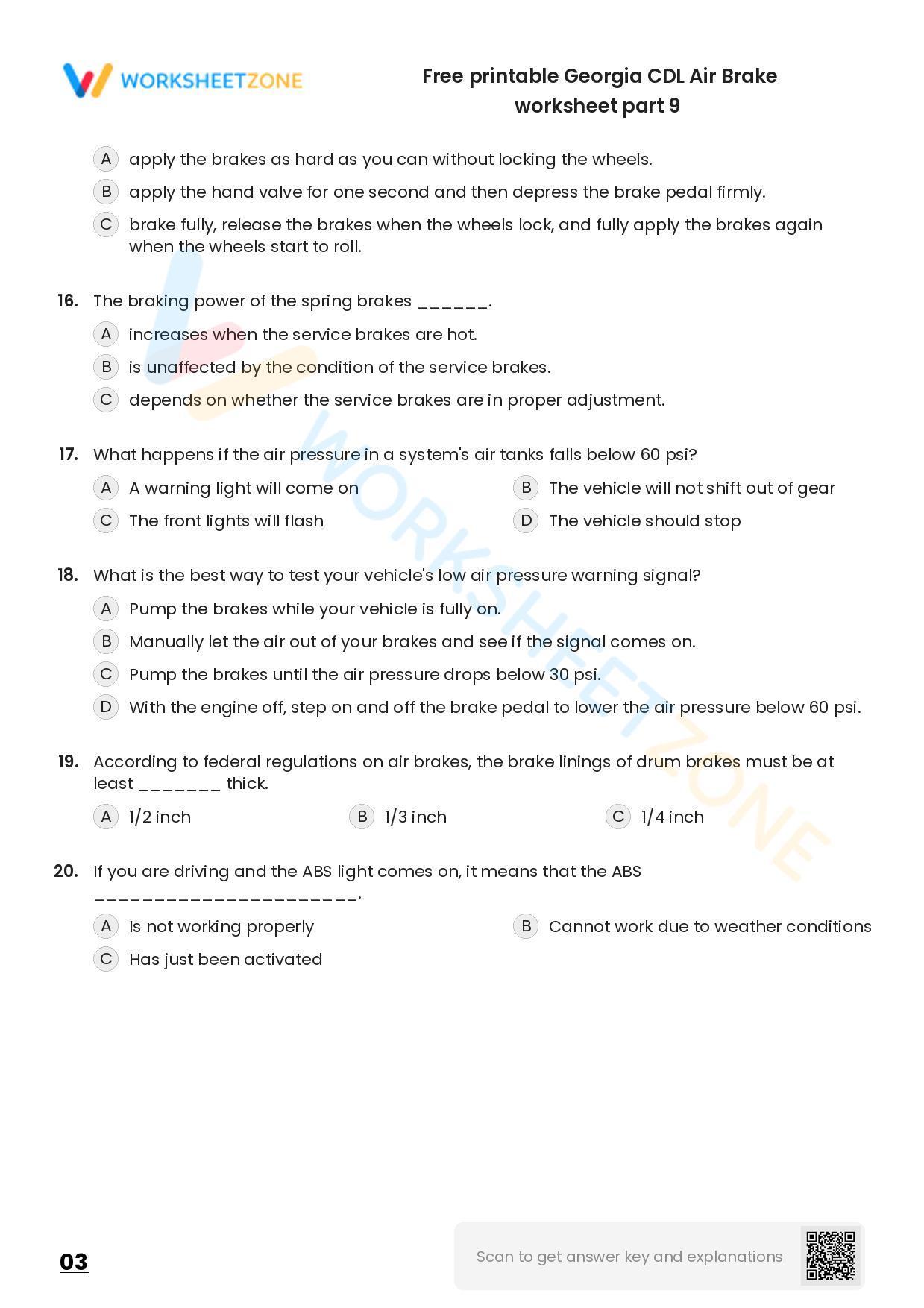 Free printable CDL Air Brake practice test Worksheet Zone