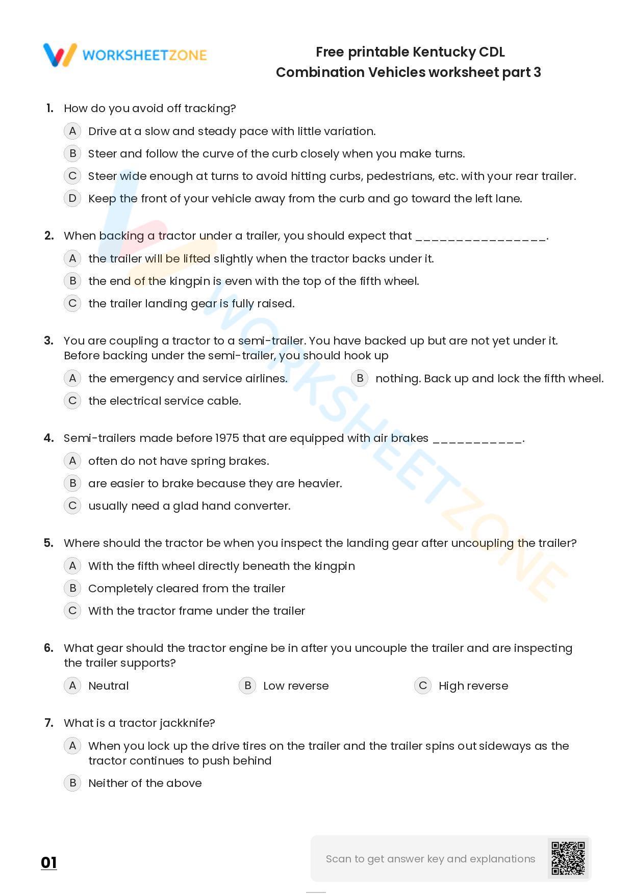 Free Printable Kentucky CDL Combination Vehicles Worksheet Part 3