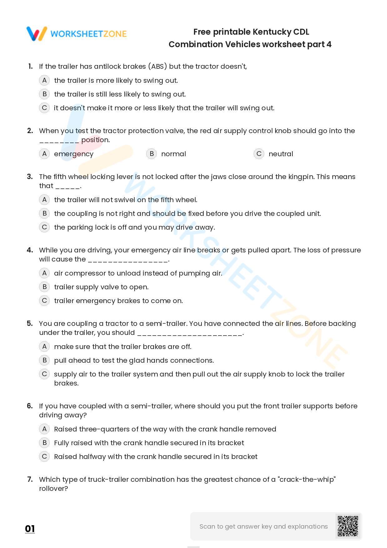 Free Printable Kentucky CDL Combination Vehicles Worksheet Part 4