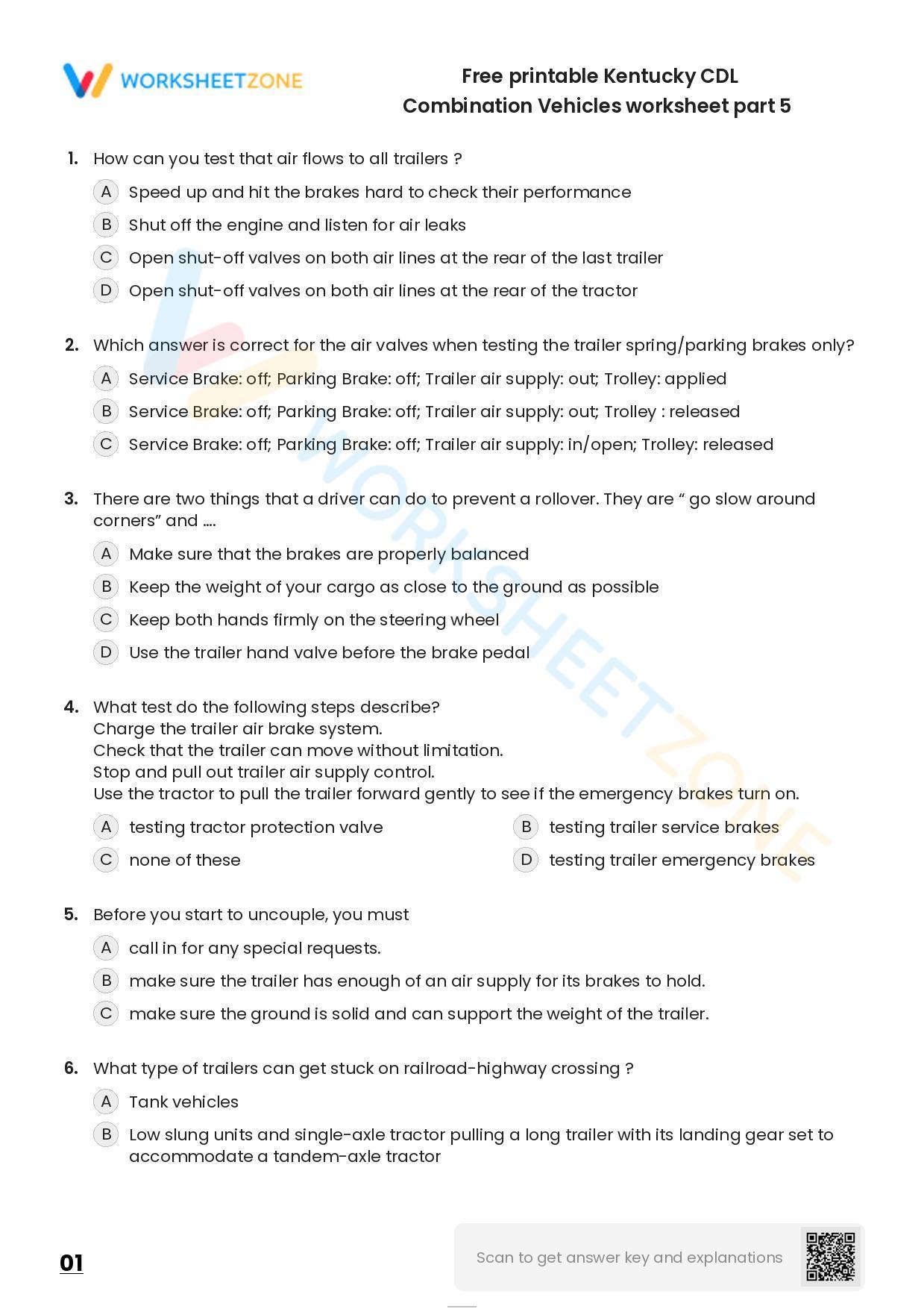 Free Printable Kentucky CDL Combination Vehicles Worksheet Part 5