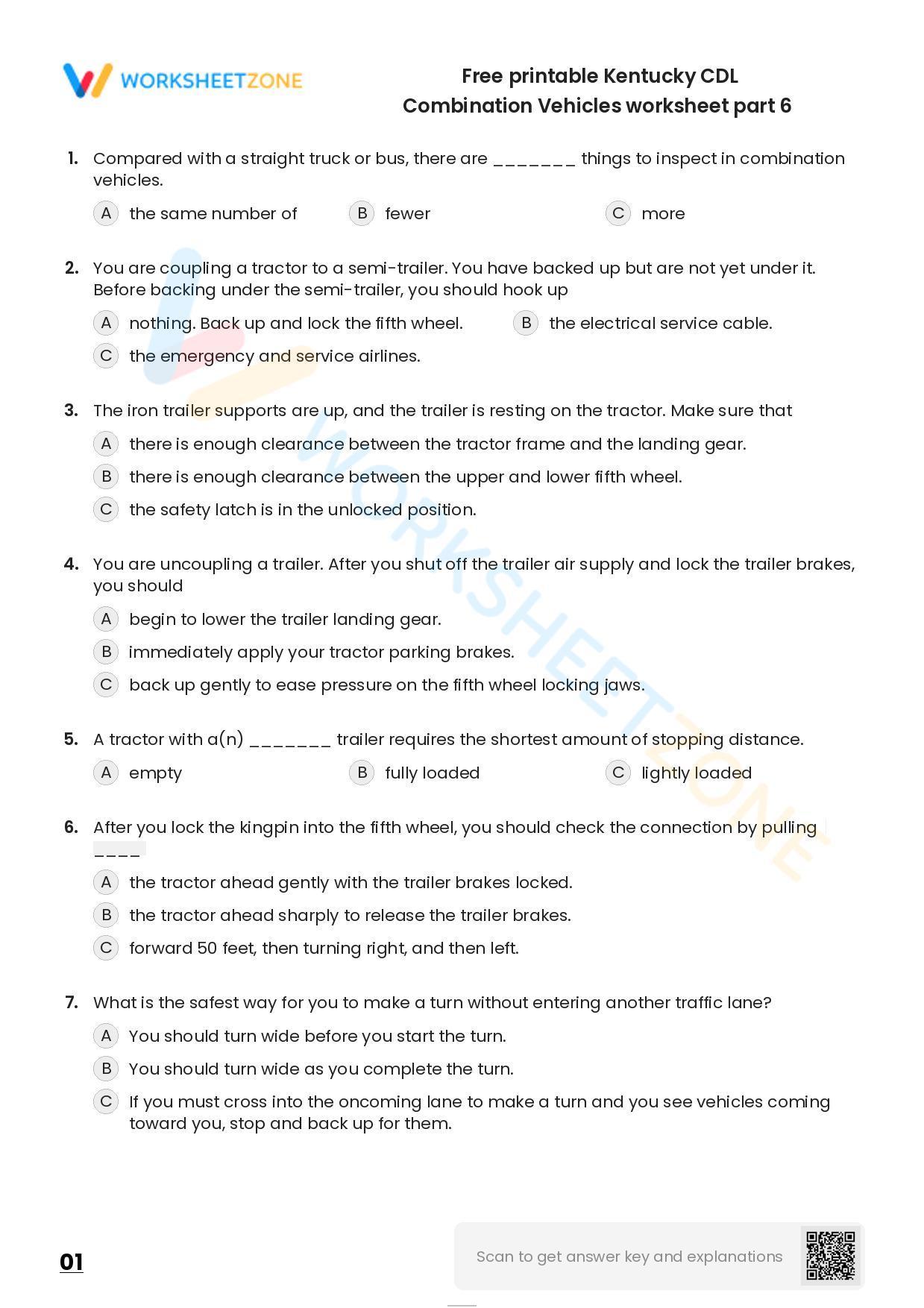 Free Printable Kentucky CDL Combination Vehicles Worksheet Part 6