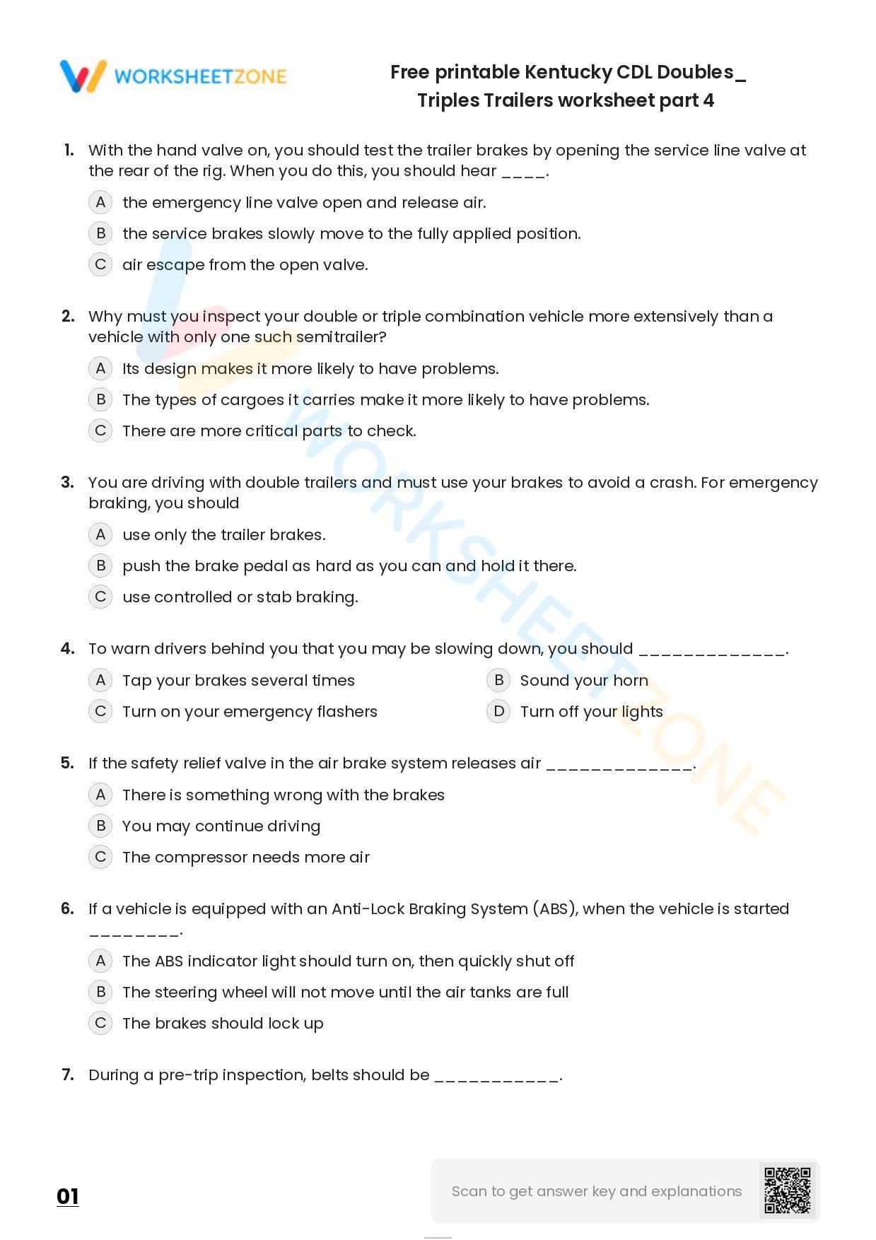 Free Printable Kentucky CDL Doubles/ Triples Trailers Worksheet Part 4