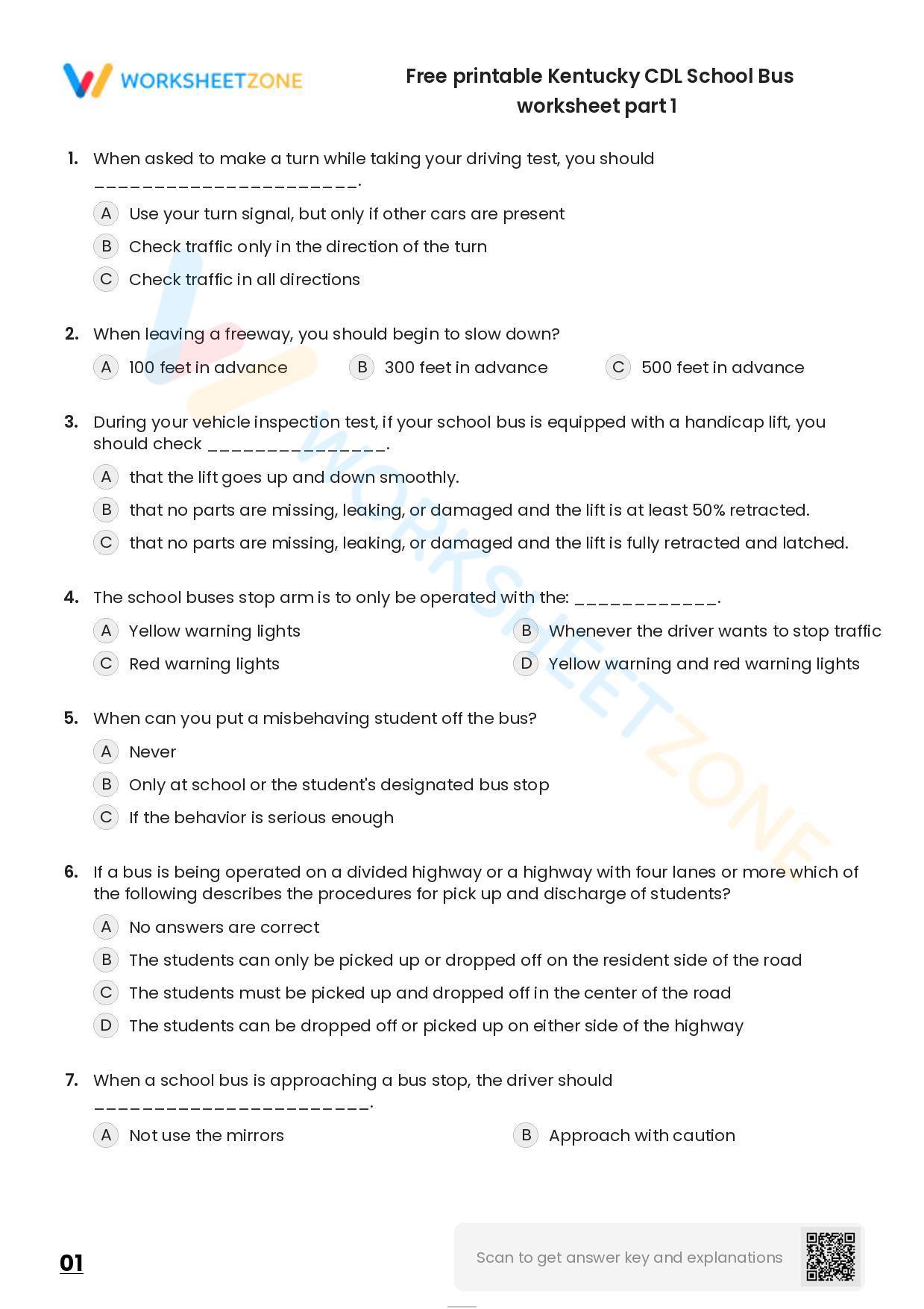 Free Printable Kentucky CDL School Bus Worksheet Part 1