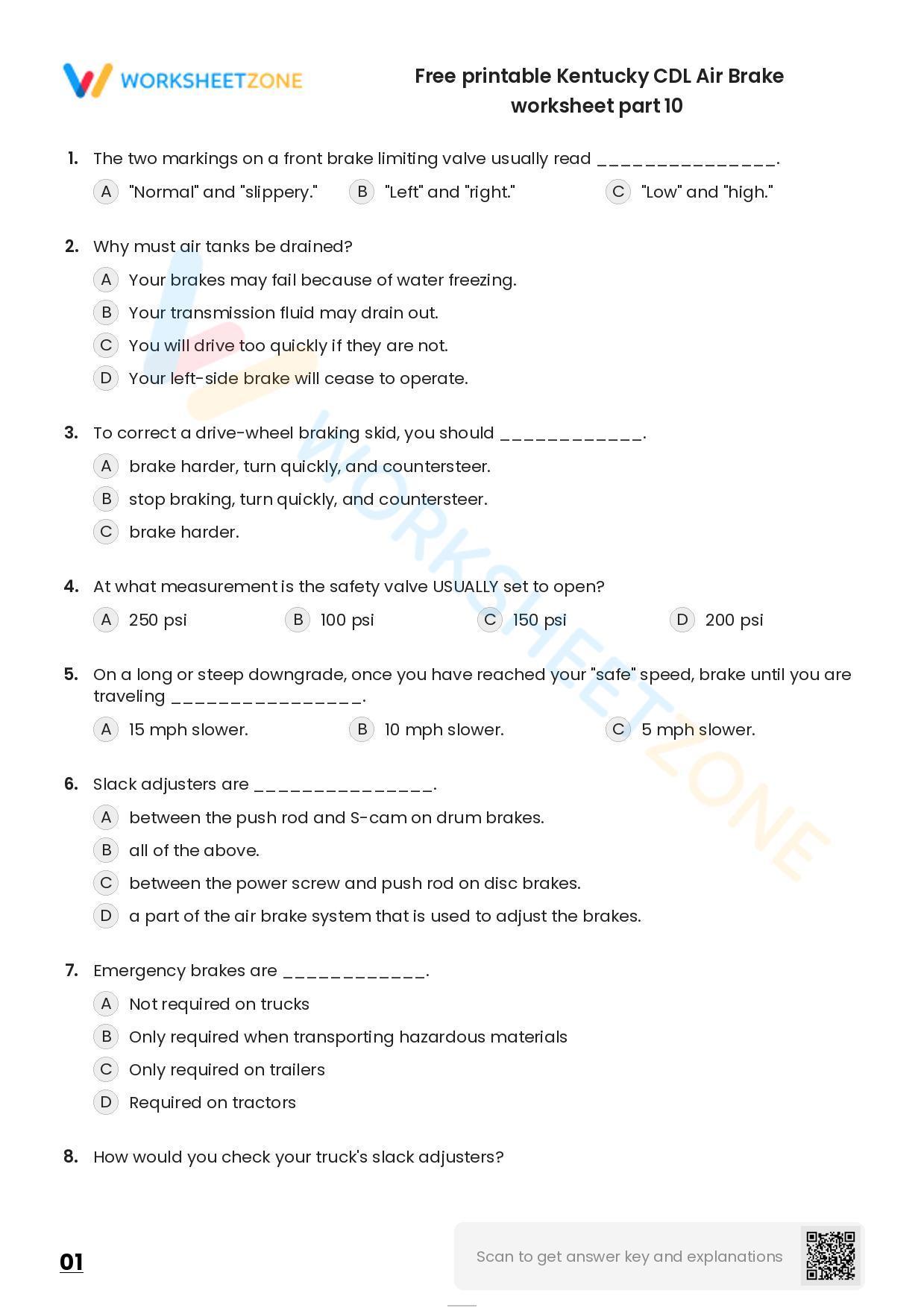 Free Printable Kentucky CDL Air Brake Worksheet Part 10