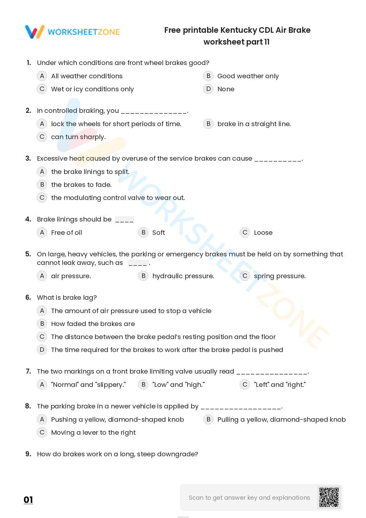 Free printable Kentucky CDL Air Brake practice test Worksheet Zone