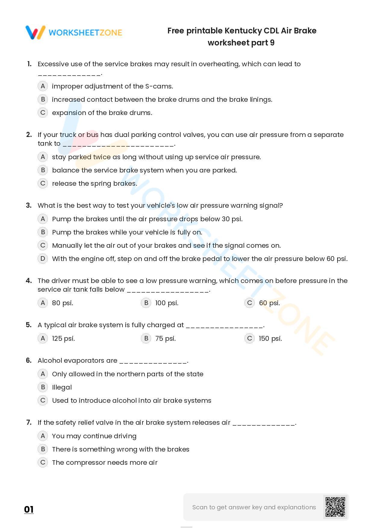 Free printable Kentucky CDL Air Brake worksheet part 9 Worksheetzone