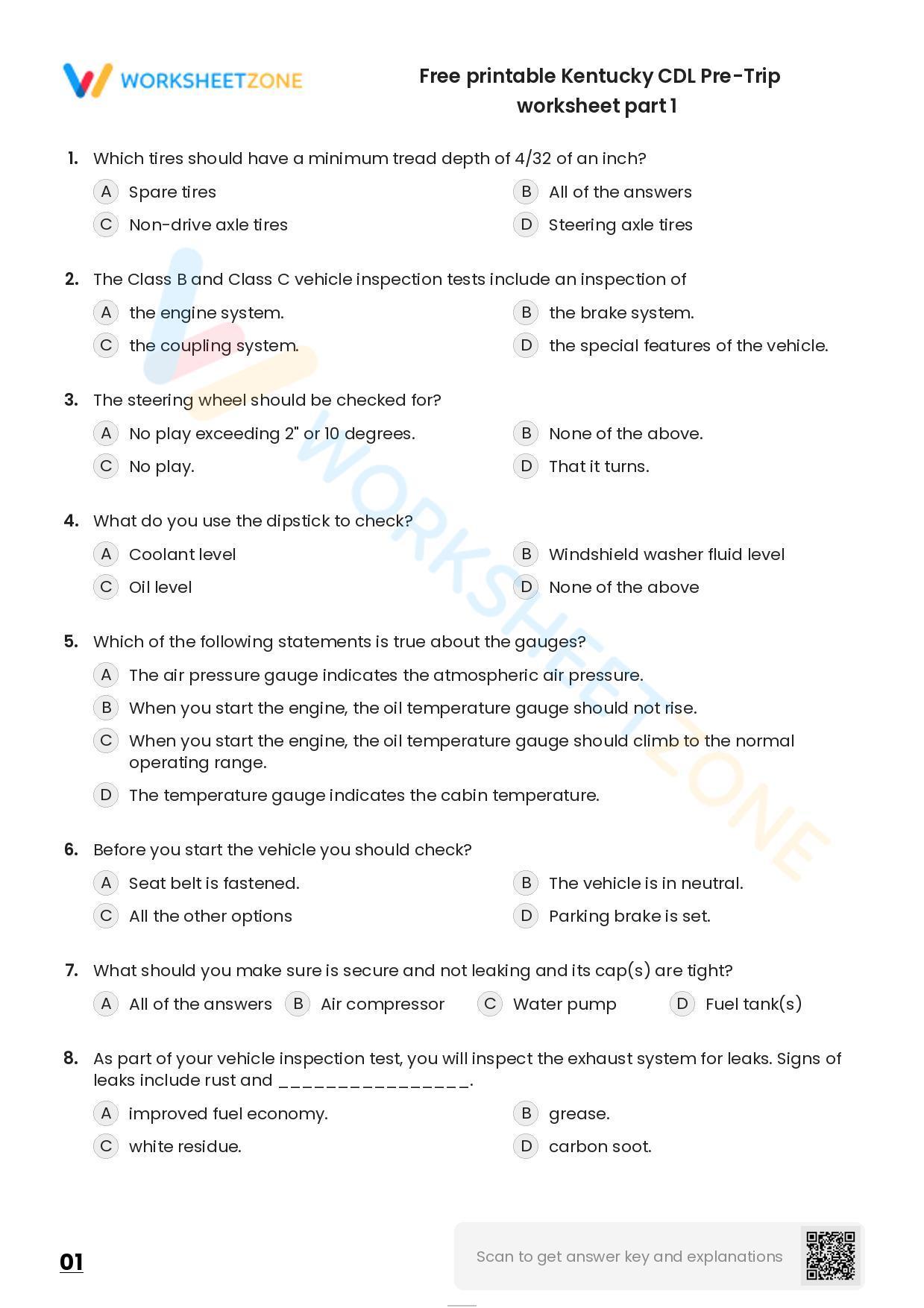 Free Printable Kentucky CDL Pre-Trip Worksheet Part 1