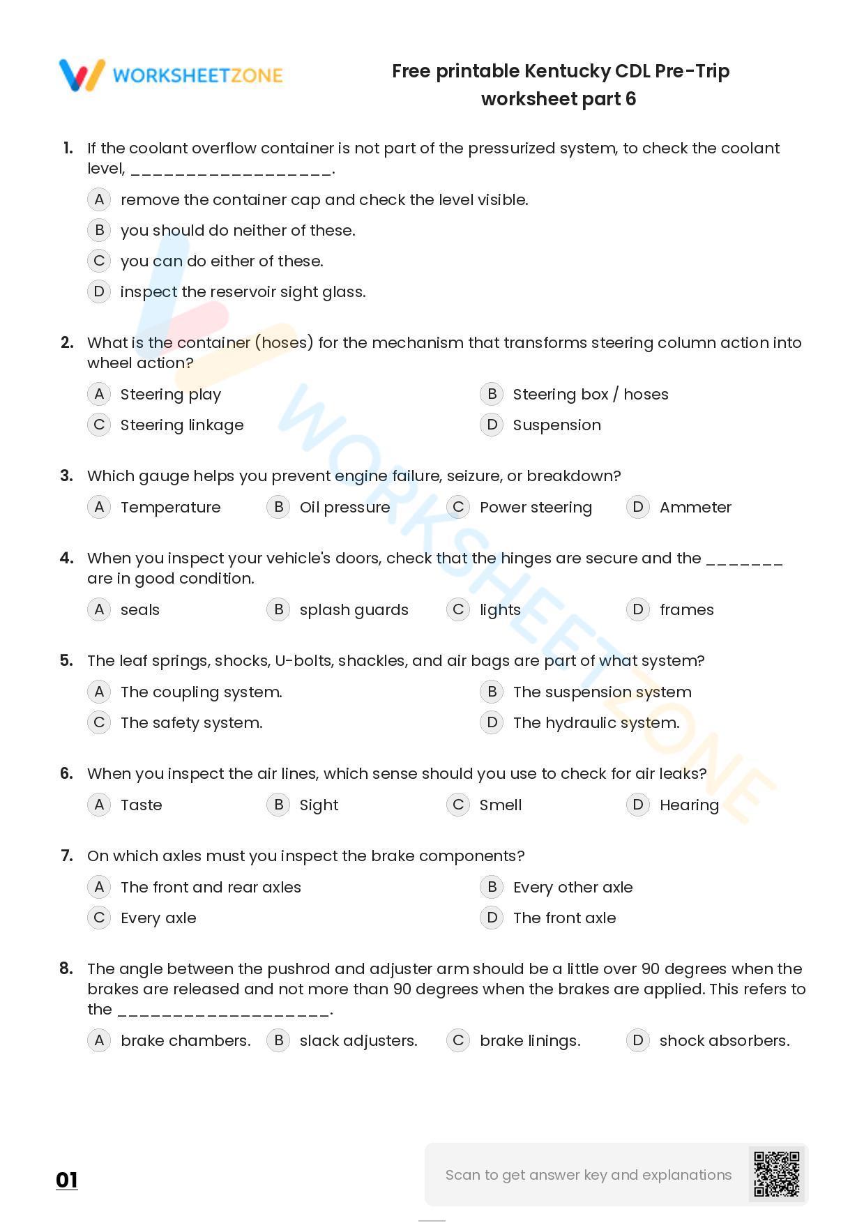 Free Printable Kentucky CDL Pre-Trip Worksheet Part 6
