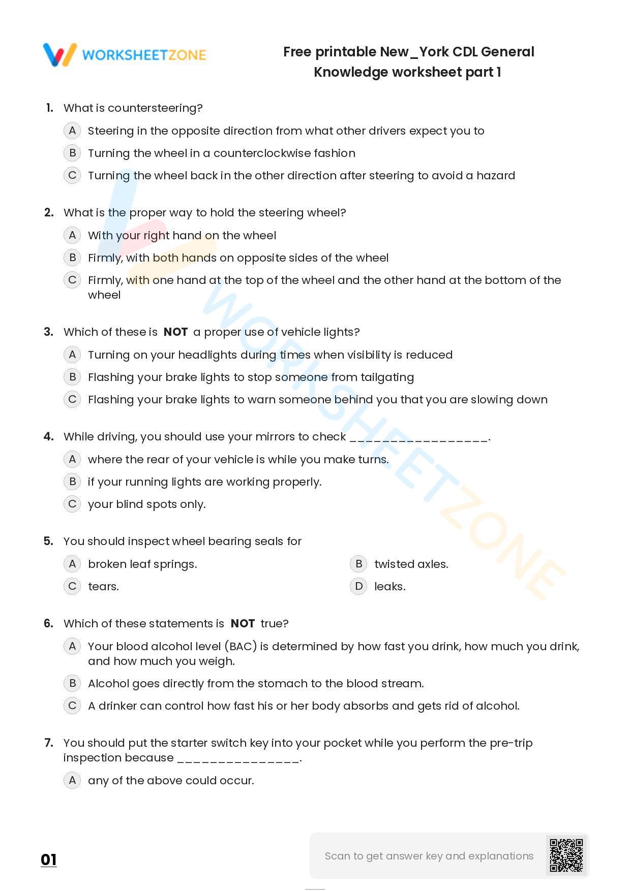 Free printable New/York CDL General Knowledge practice test Worksheet